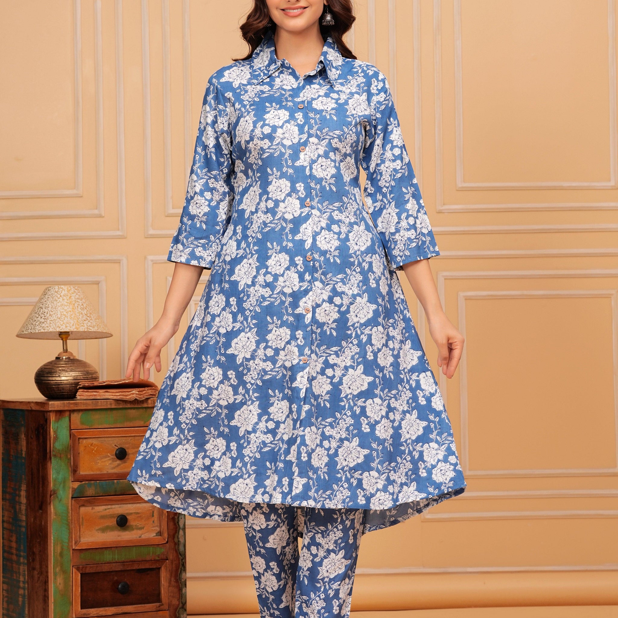 Blue White Floral Printed Rayon CO-Ord Set