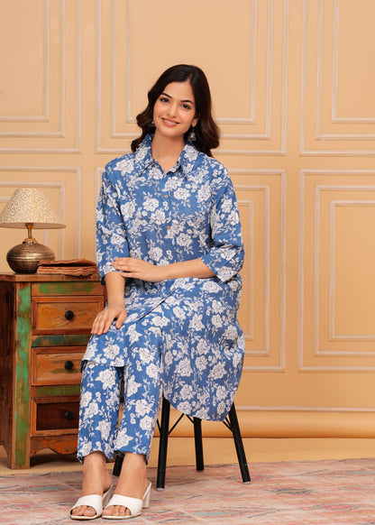 Blue White Floral Printed Rayon CO-Ord Set