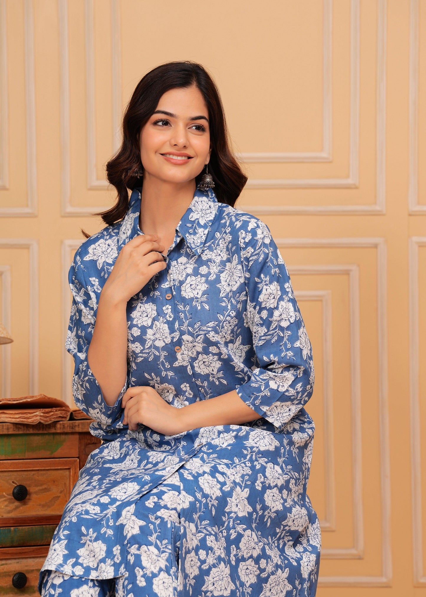 Blue White Floral Printed Rayon CO-Ord Set