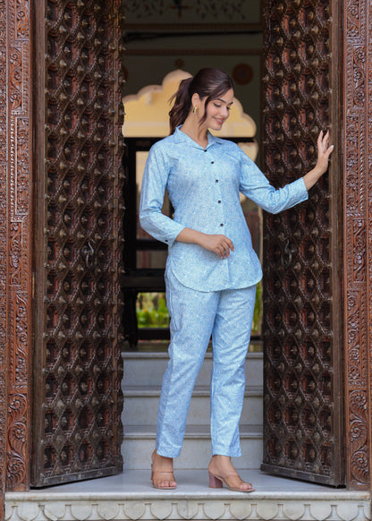 Jordy Blue Leaf Printed Printed Cotton Blend Co-Ord Set