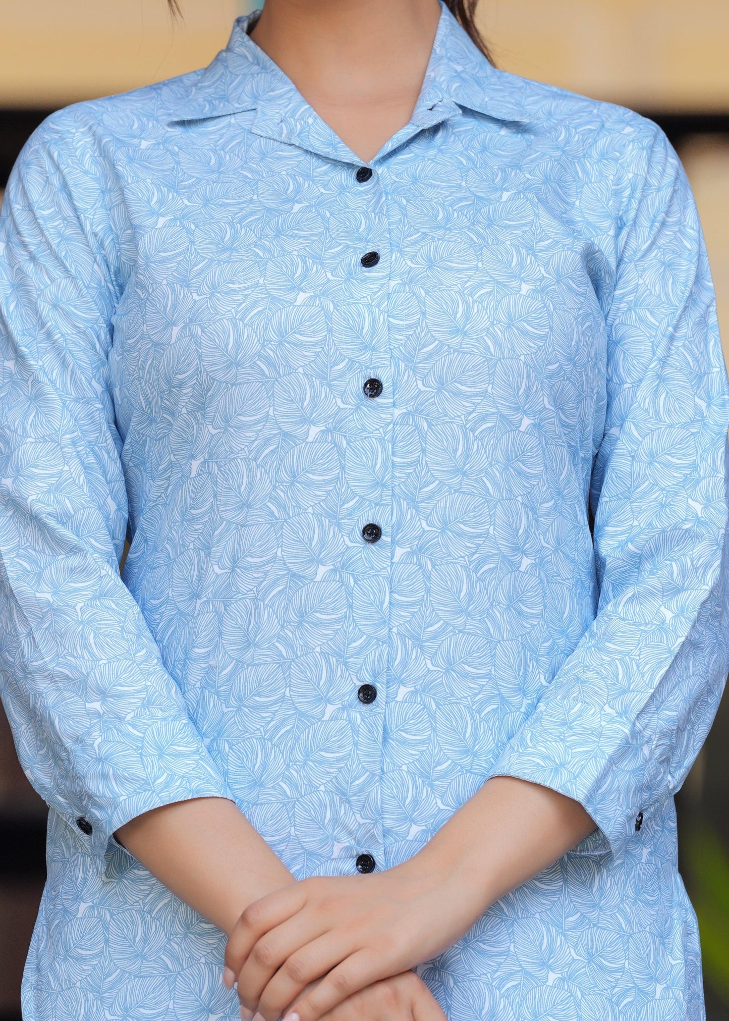 Jordy Blue Leaf Printed Printed Cotton Blend Co-Ord Set