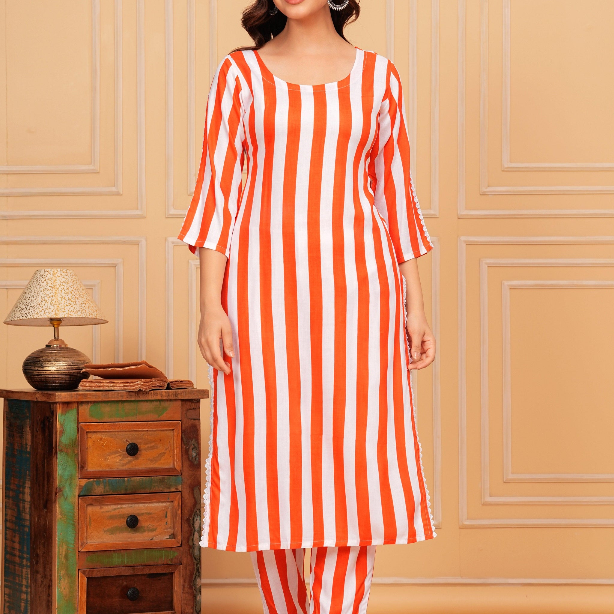 Orange White Striped Rayon Kurta and Pant Set