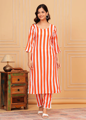 Orange White Striped Rayon Kurta and Pant Set