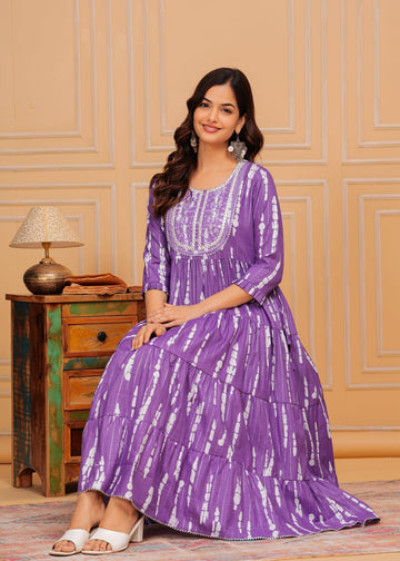 Dark Lilac Embroidered Cotton Lurex Anarkali Gown