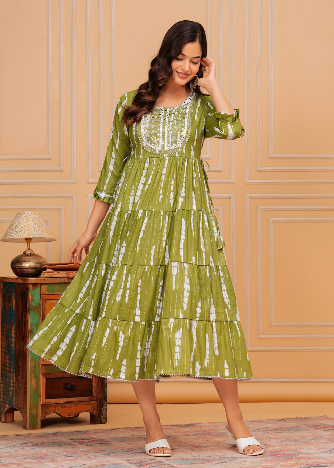 Trendy Green Embroidered Cotton Lurex Anarkali Gown