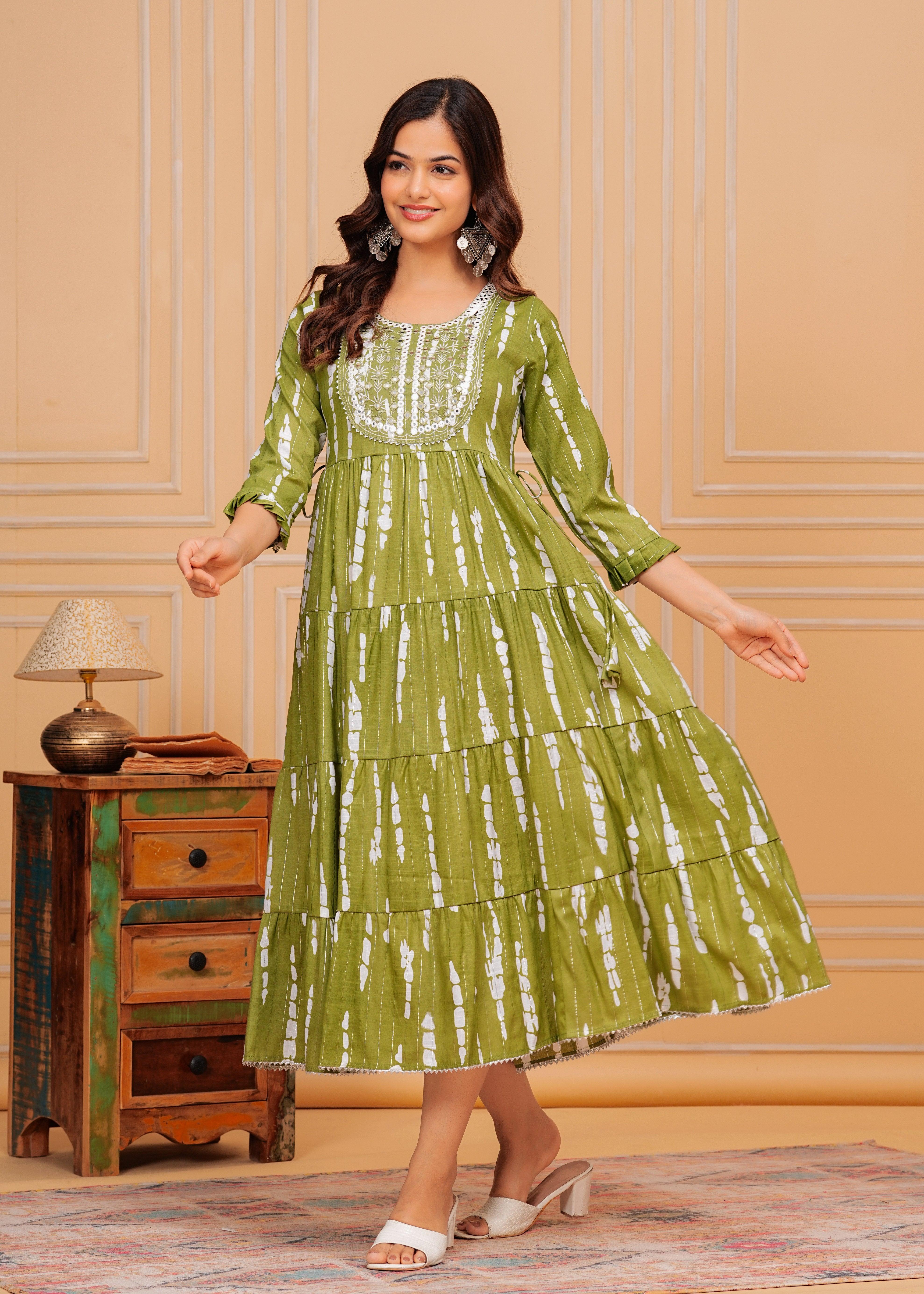 Trendy Green Embroidered Cotton Lurex Anarkali Gown