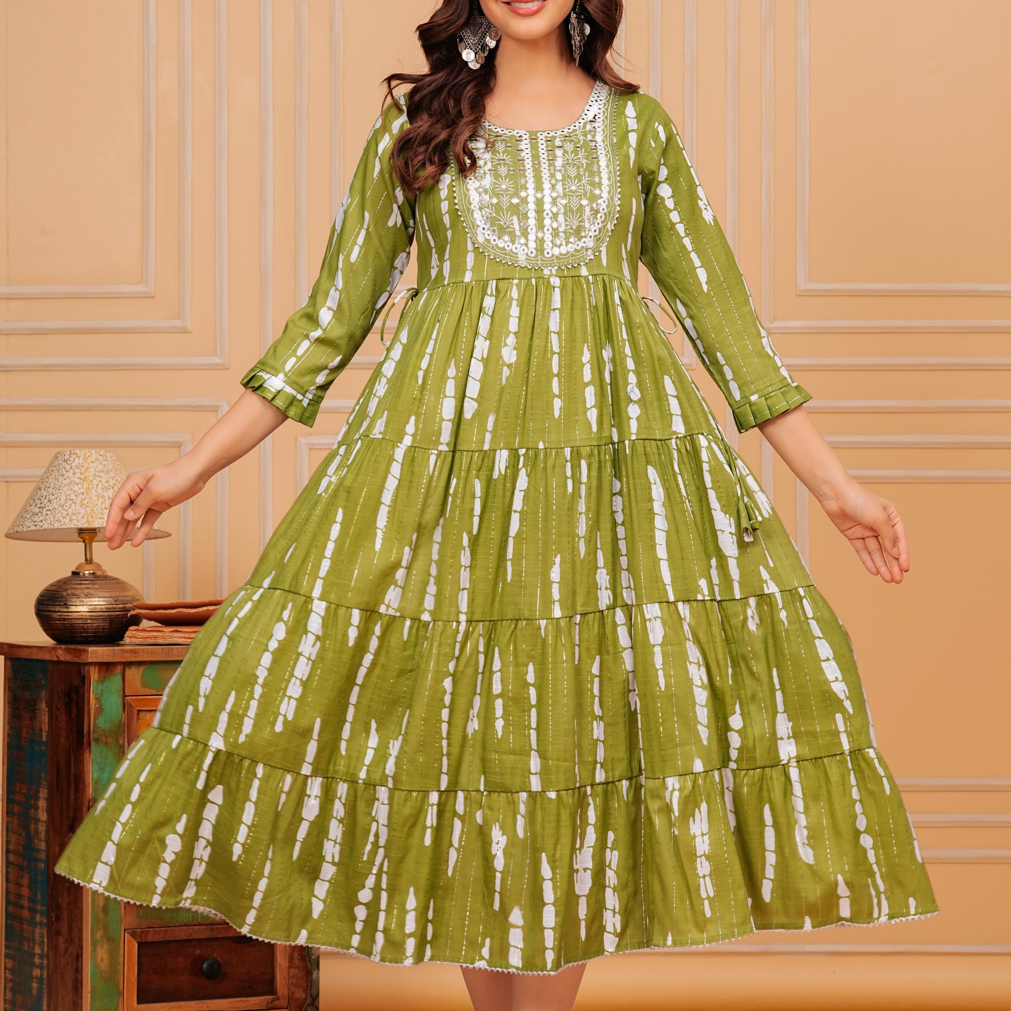 Trendy Green Embroidered Cotton Lurex Anarkali Gown