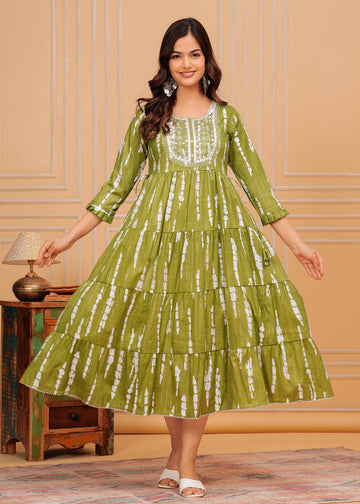 Trendy Green Embroidered Cotton Lurex Anarkali Gown