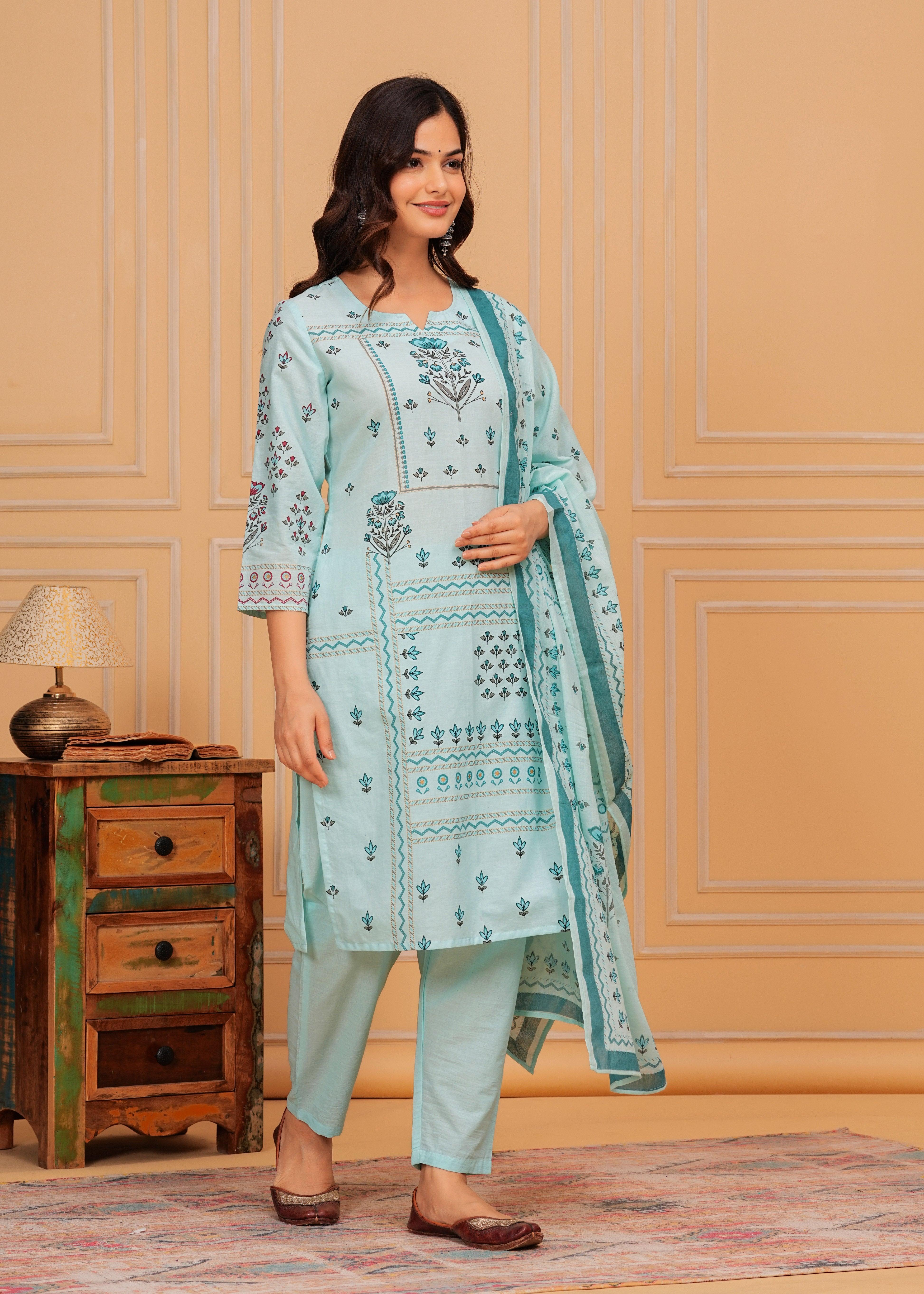 Pale Aqua Printed Cotton Kurta and Pant Set with Mulmul Dupatta