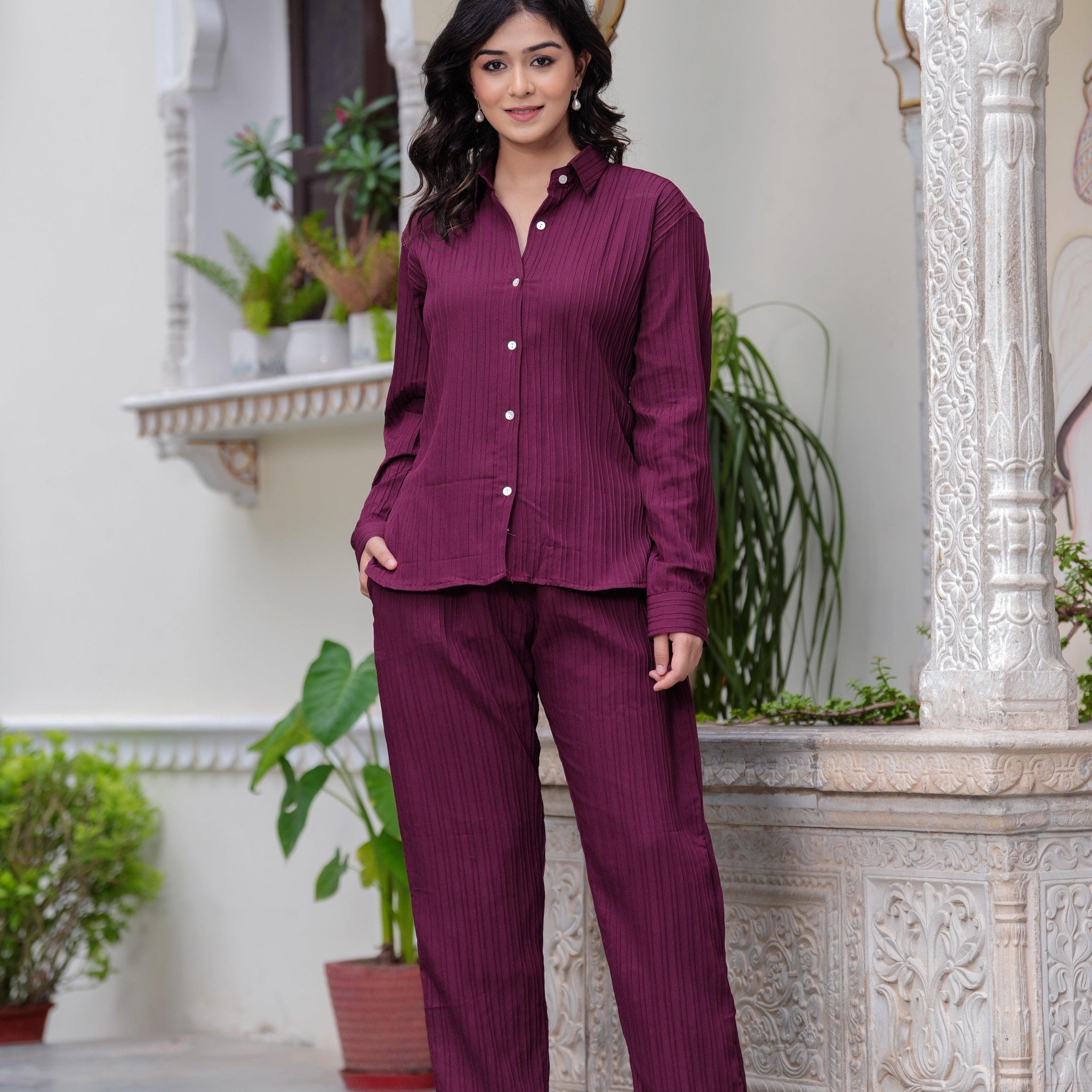 Wine Textured Microfiber Co-Ord Set