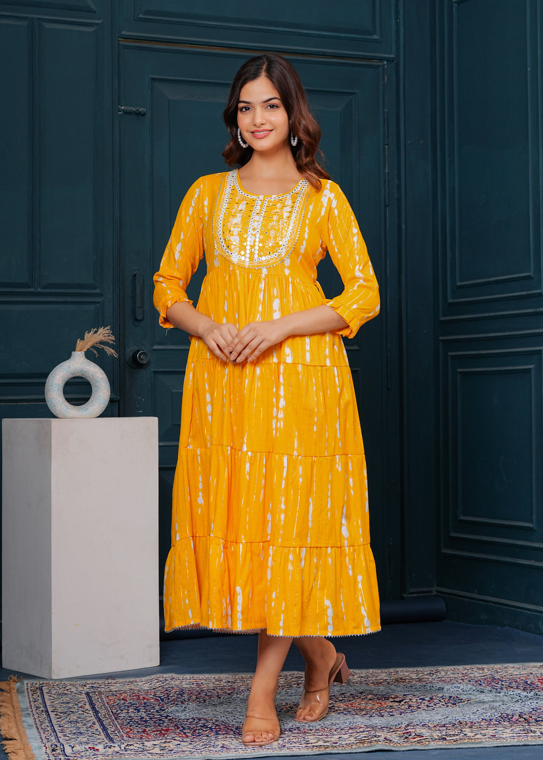 Chrome Yellow Embroidered Cotton Lurex Anarkali Gown