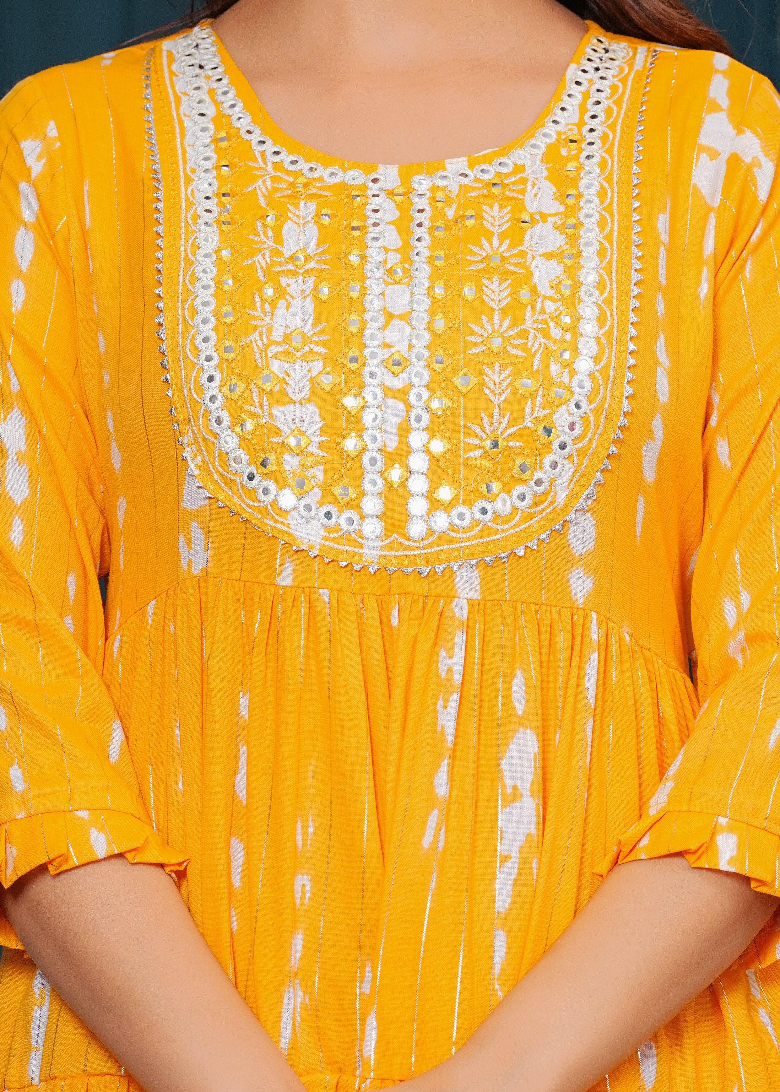 Chrome Yellow Embroidered Cotton Lurex Anarkali Gown