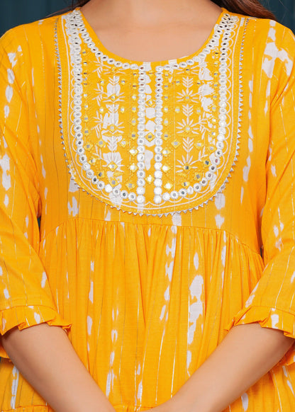 Chrome Yellow Embroidered Cotton Lurex Anarkali Gown