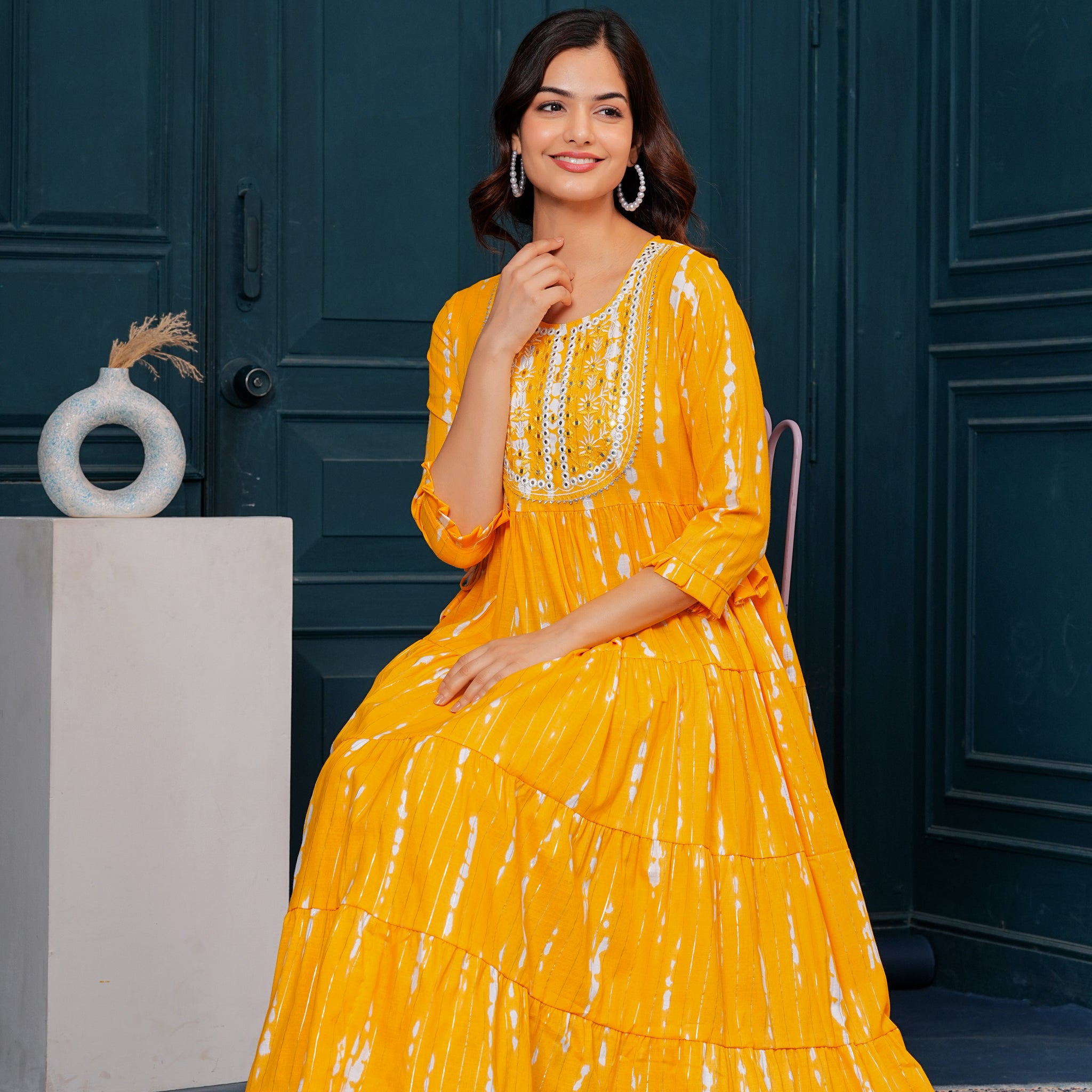 Chrome Yellow Embroidered Cotton Lurex Anarkali Gown