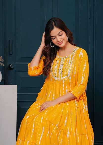 Chrome Yellow Embroidered Cotton Lurex Anarkali Gown