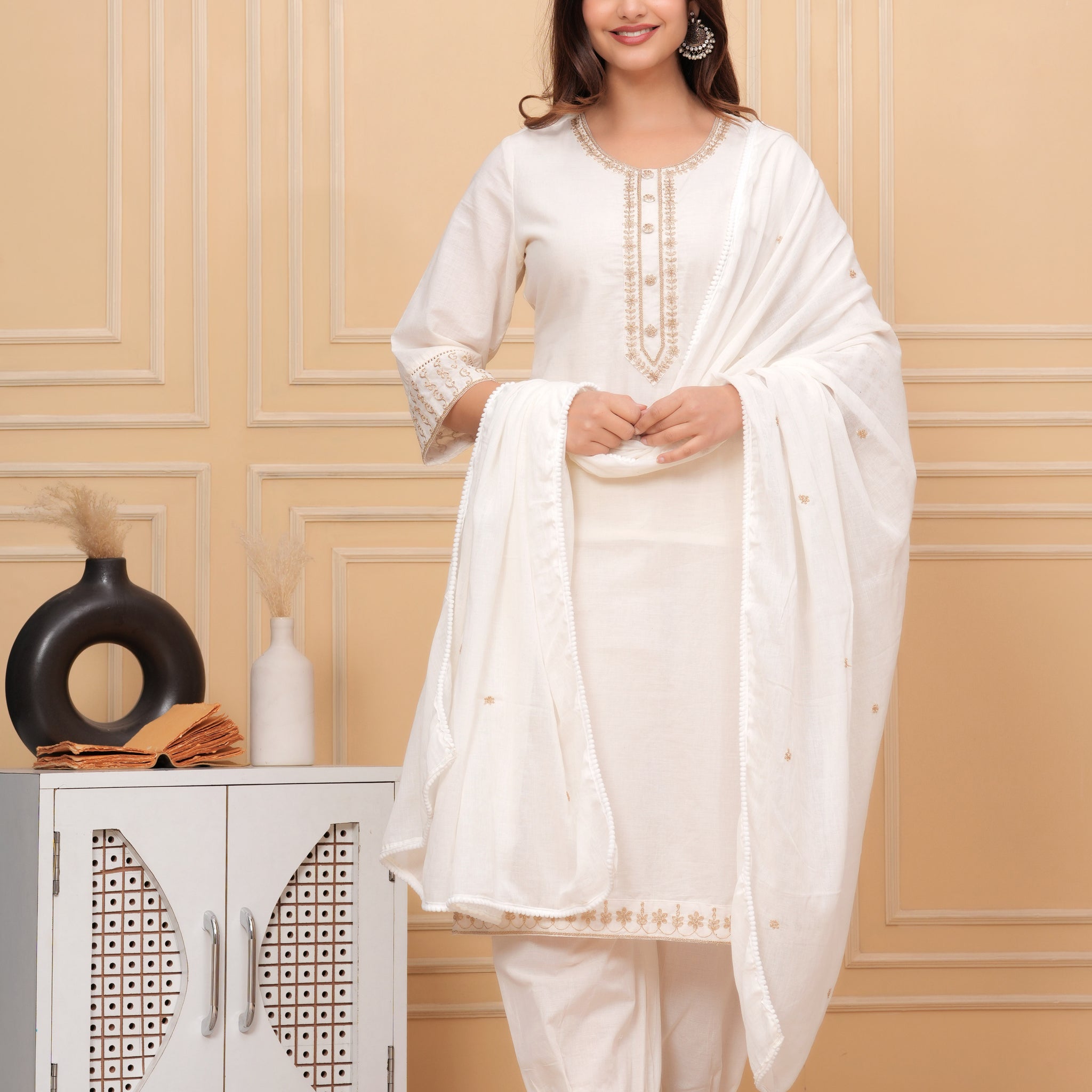 Off White Embroidered Cotton Suit Set with Dupatta