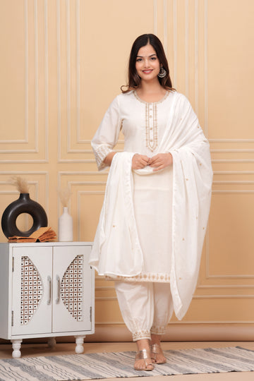 Off White Embroidered Cotton Suit Set with Dupatta