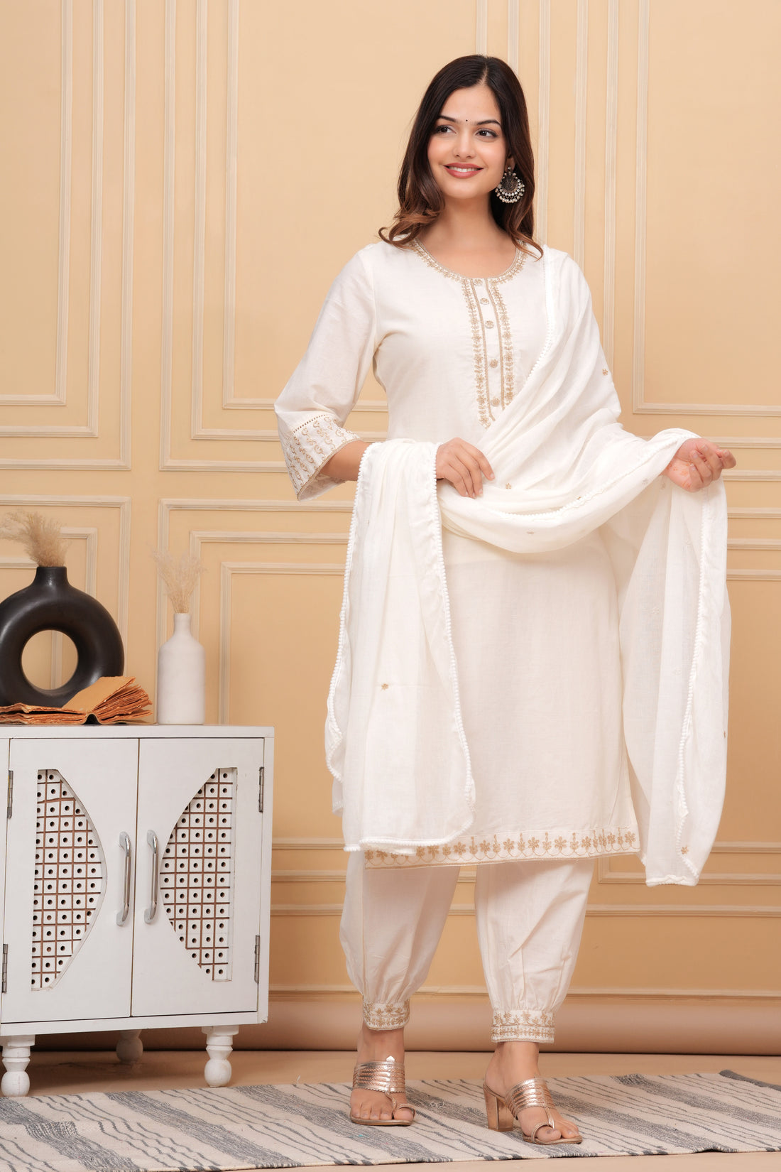 Off White Embroidered Cotton Suit Set with Dupatta