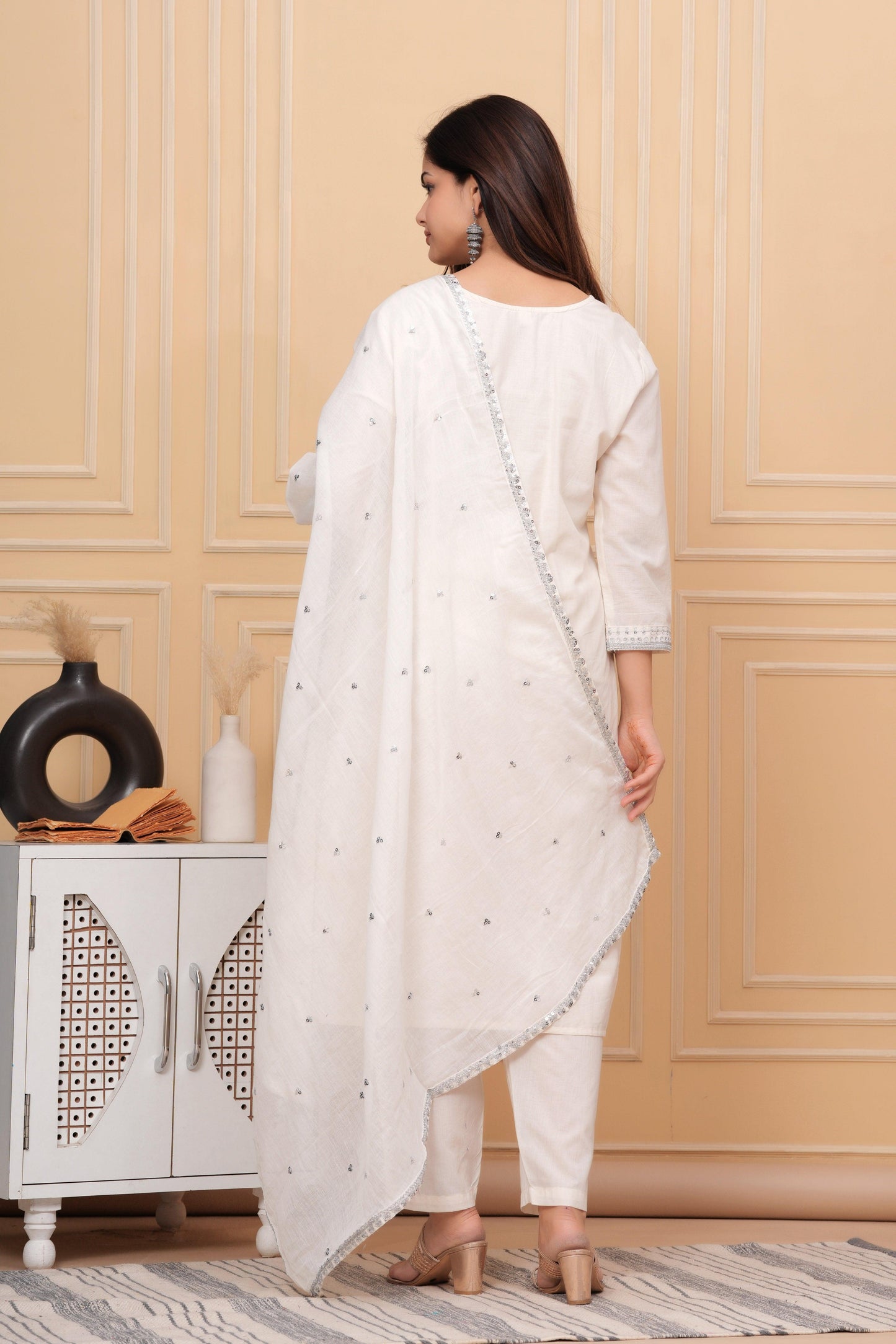 Off White Embellished Cotton Suit Set with Dupatta