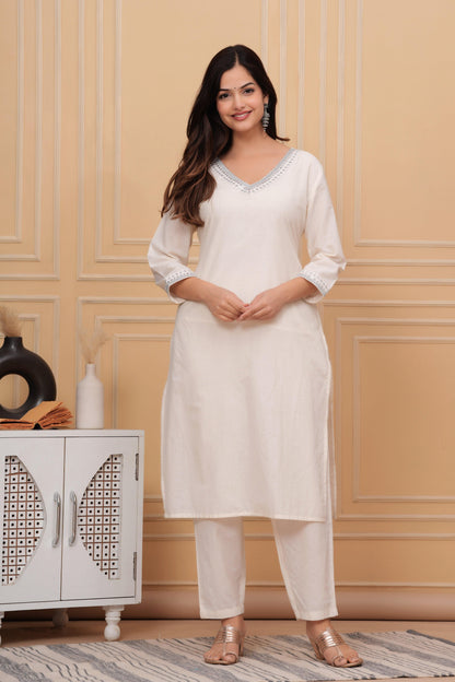 Off White Embellished Cotton Suit Set with Dupatta