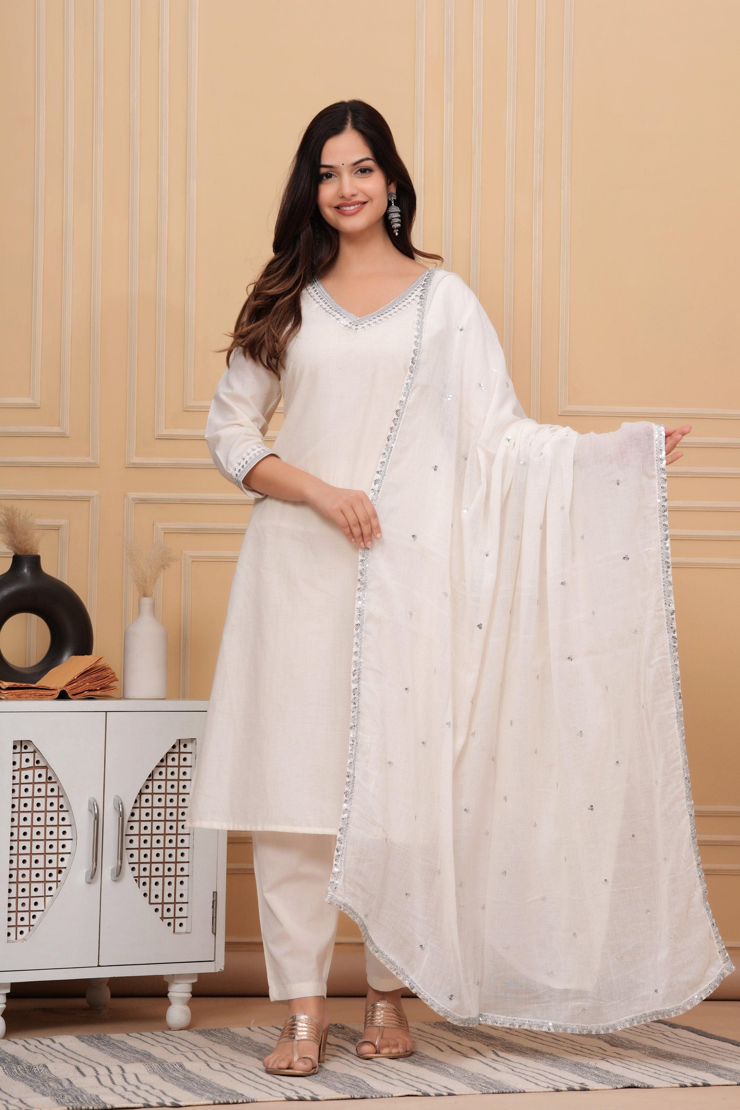 Off White Embellished Cotton Suit Set with Dupatta
