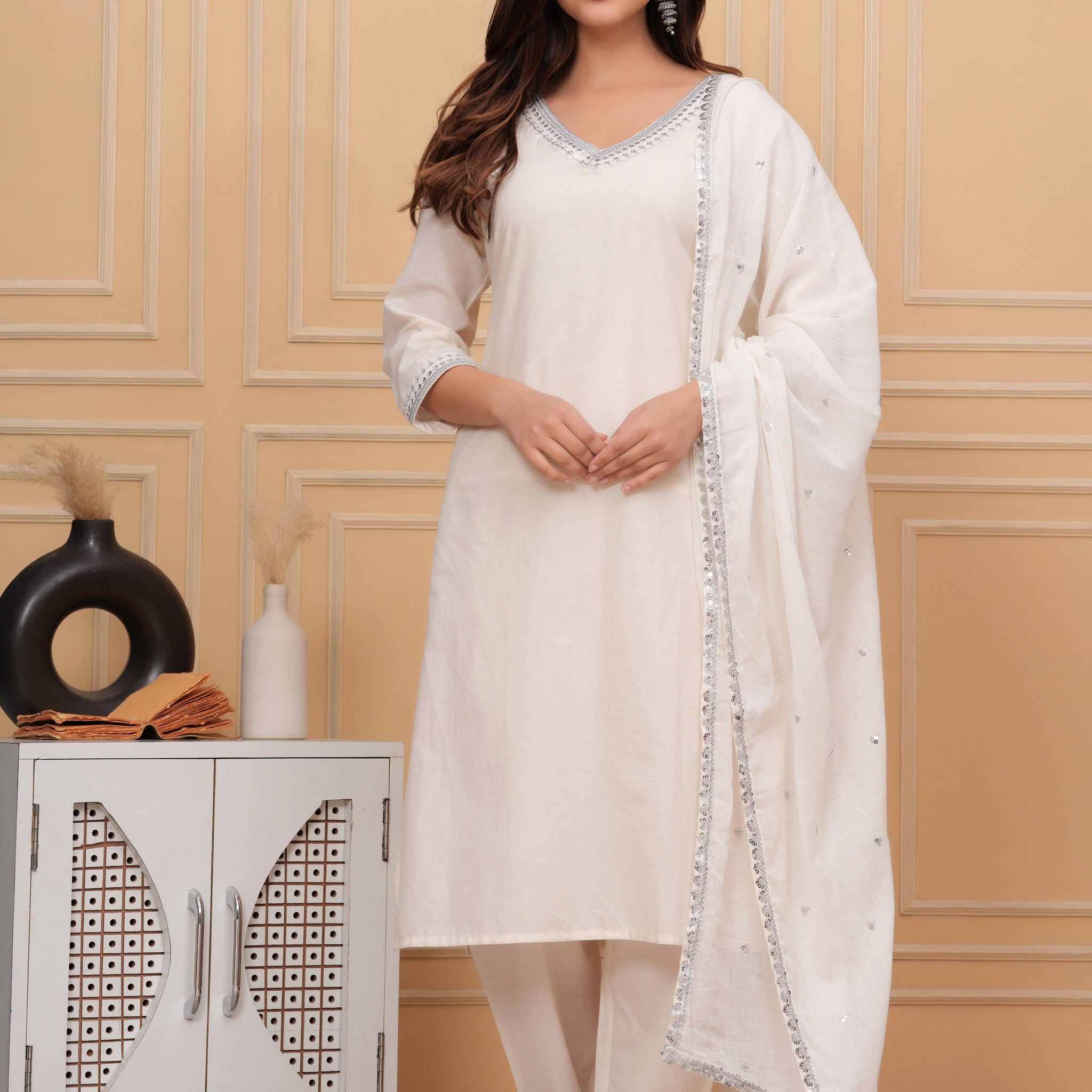 Off White Embellished Cotton Suit Set with Dupatta