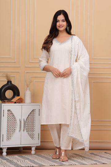 Off White Embellished Cotton Suit Set with Dupatta