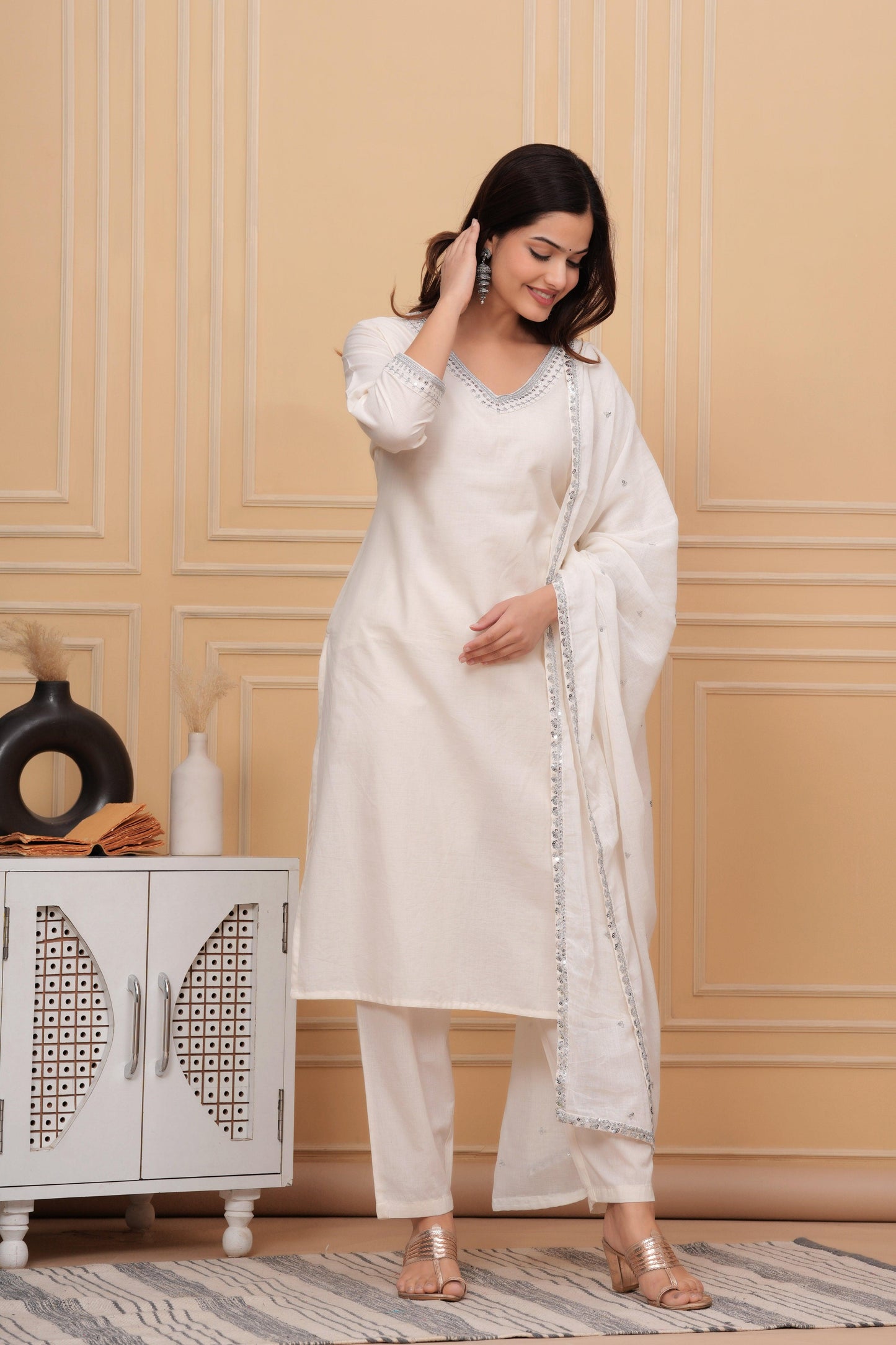 Off White Embellished Cotton Suit Set with Dupatta