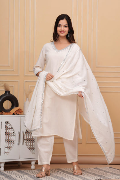 Off White Embellished Cotton Suit Set with Dupatta