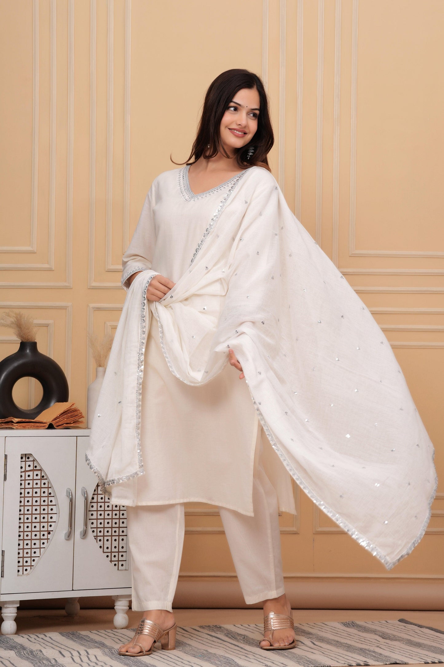 Off White Embellished Cotton Suit Set with Dupatta