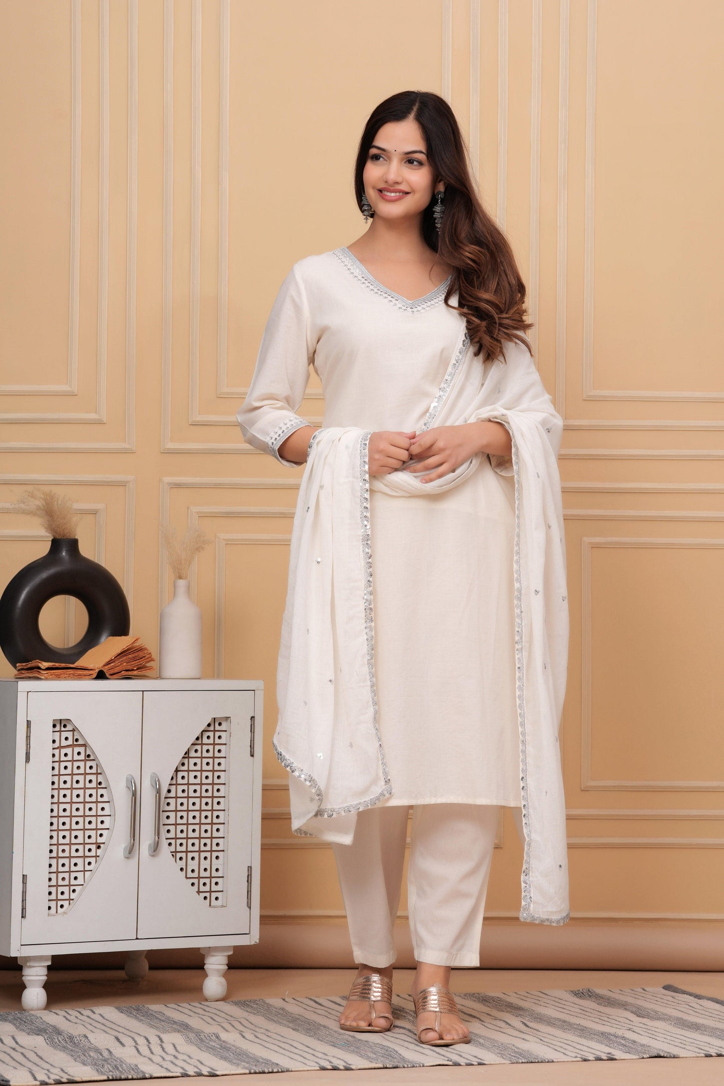 Off White Embellished Cotton Suit Set with Dupatta