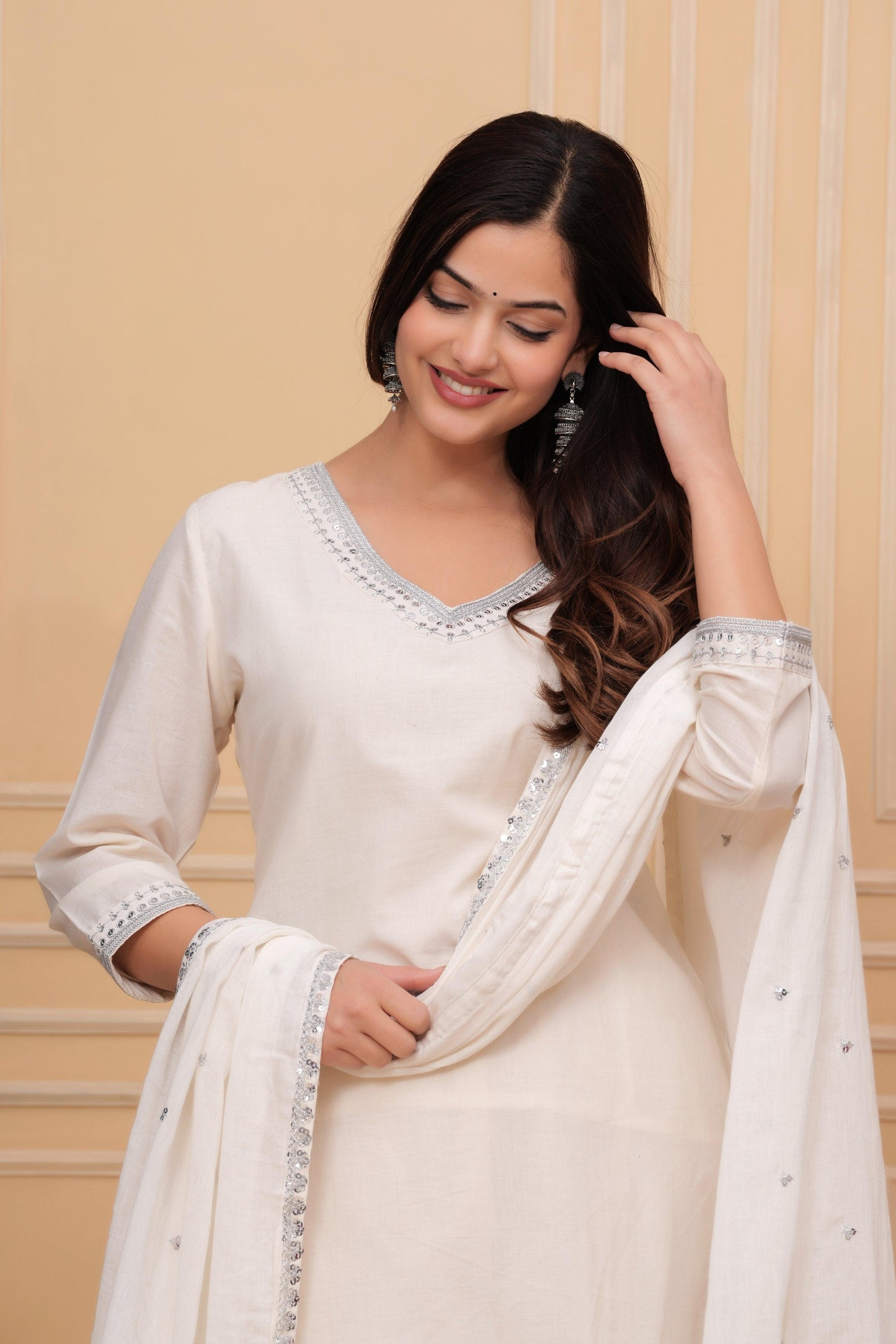 Off White Embellished Cotton Suit Set with Dupatta