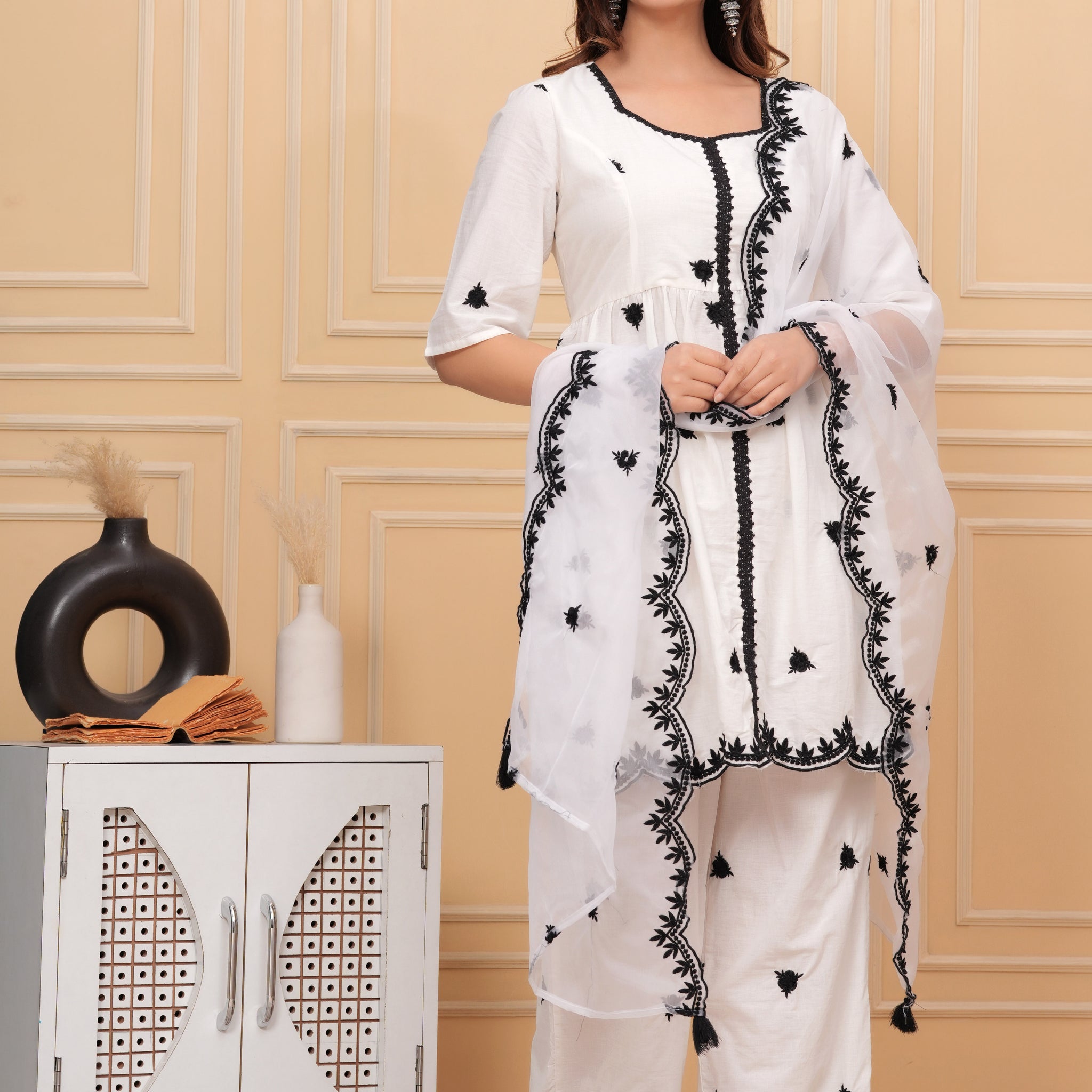 White Embroidered Cotton Suit Set with Embroidered Organza Dupatta