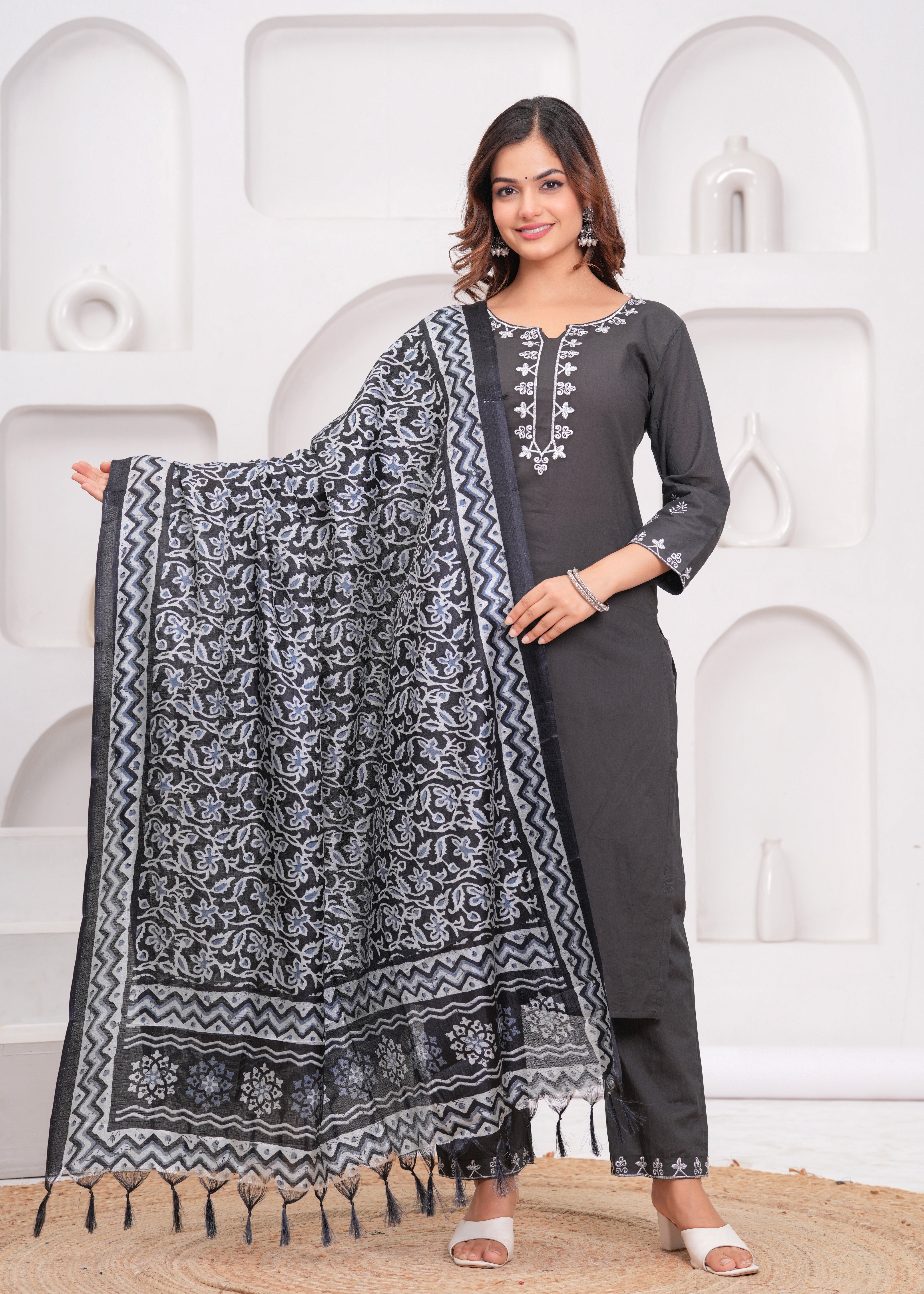 Dark Grey Embroidered Cotton Suit Set