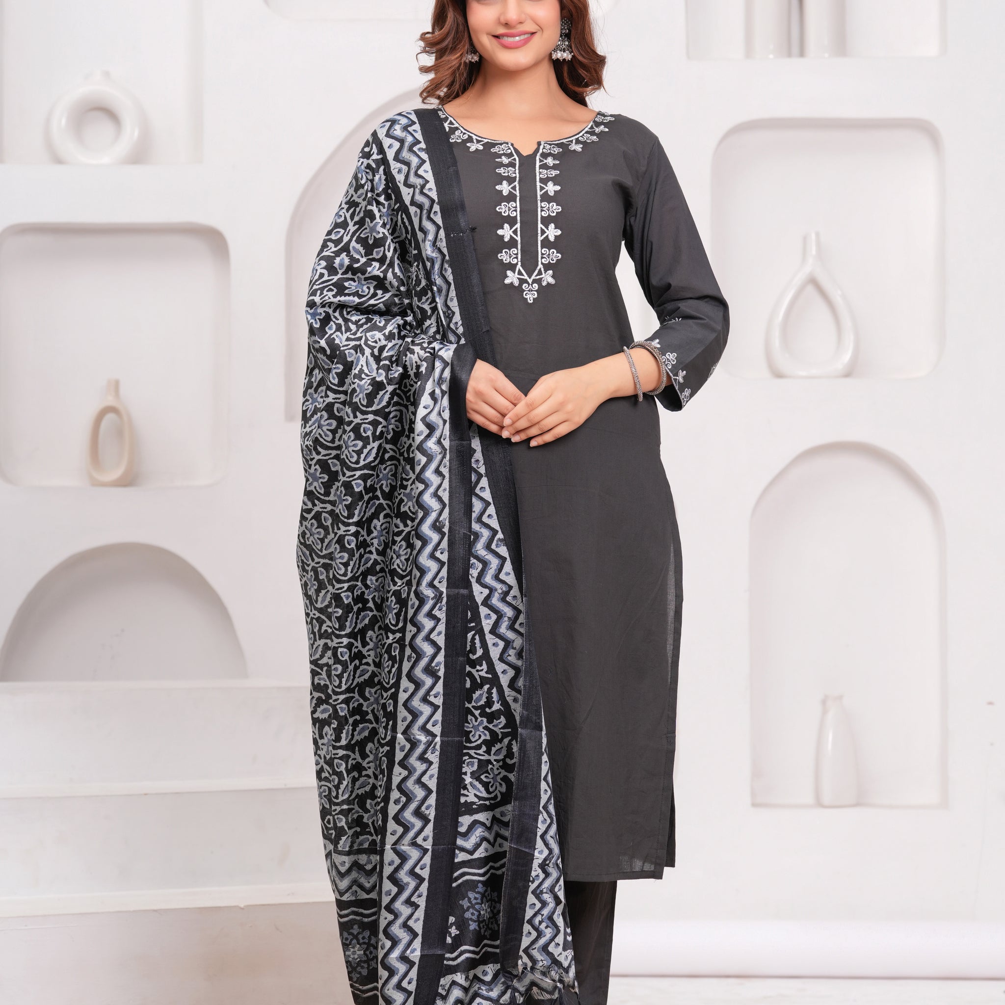 Dark Grey Embroidered Cotton Suit Set