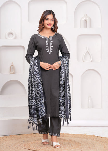 Dark Grey Embroidered Cotton Suit Set