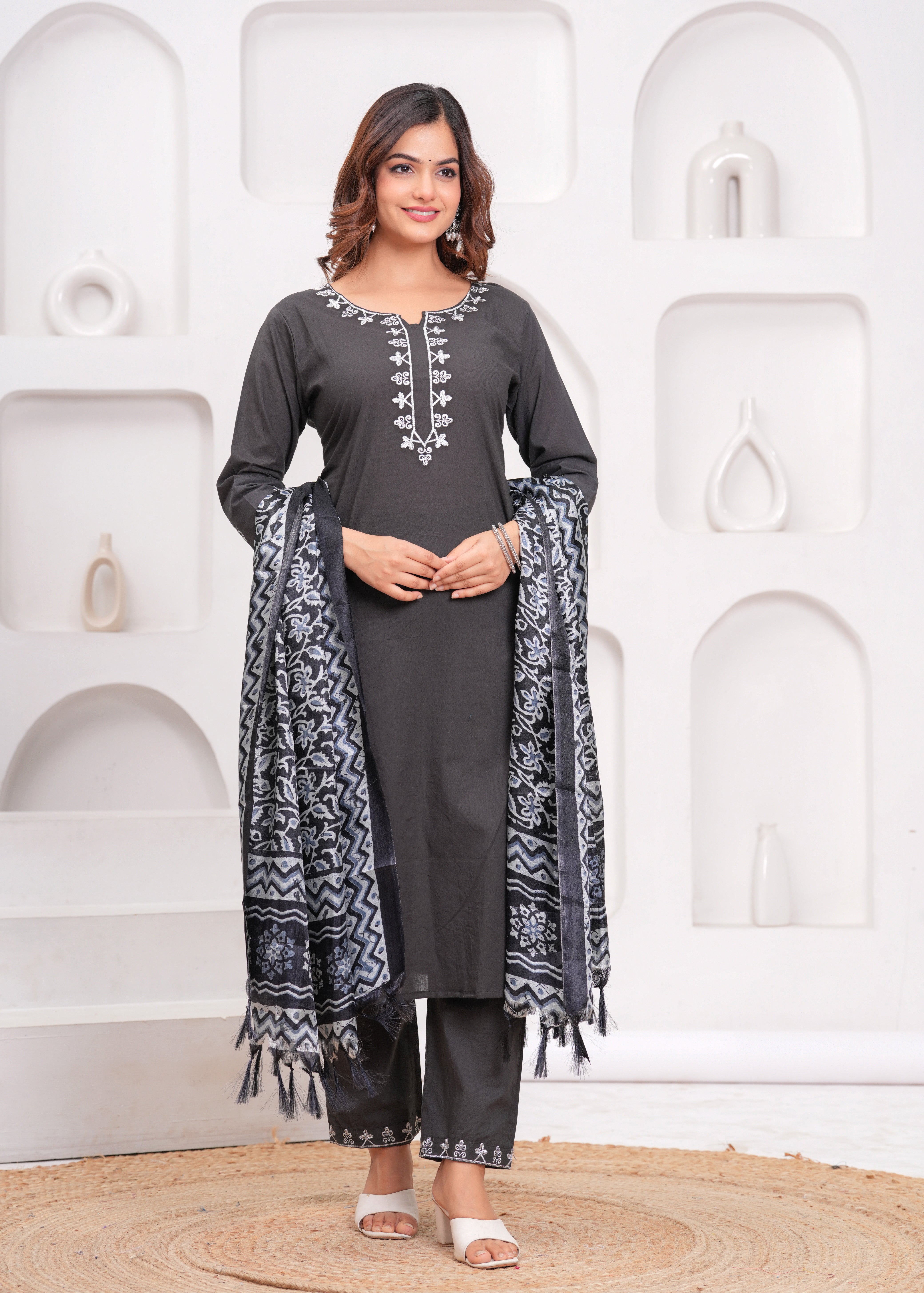 Dark Grey Embroidered Cotton Suit Set