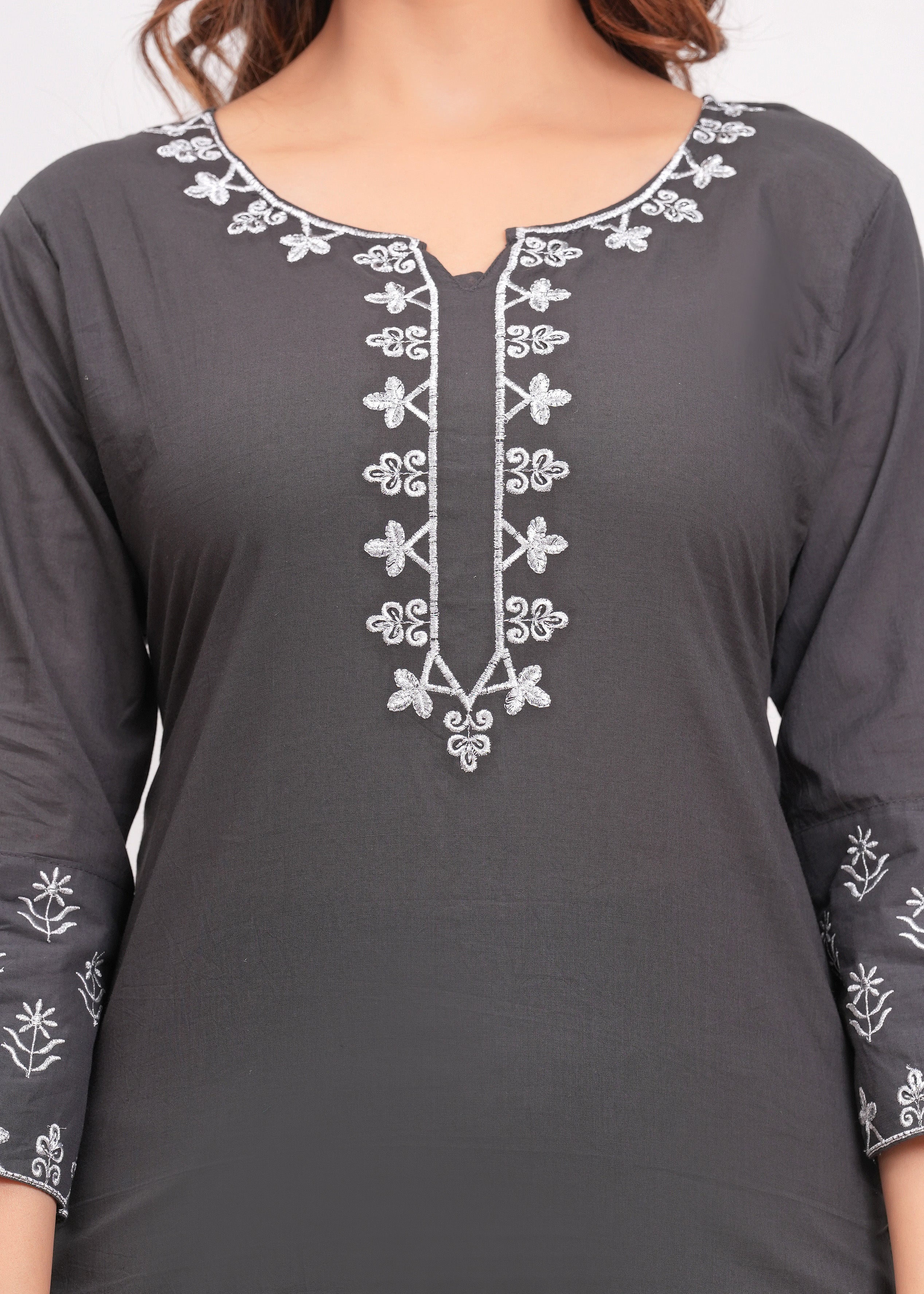 Dark Grey Embroidered Cotton Suit Set
