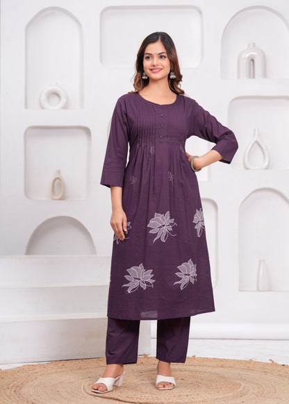 Grape Printx Work Cotton Suit Set with Dupatta