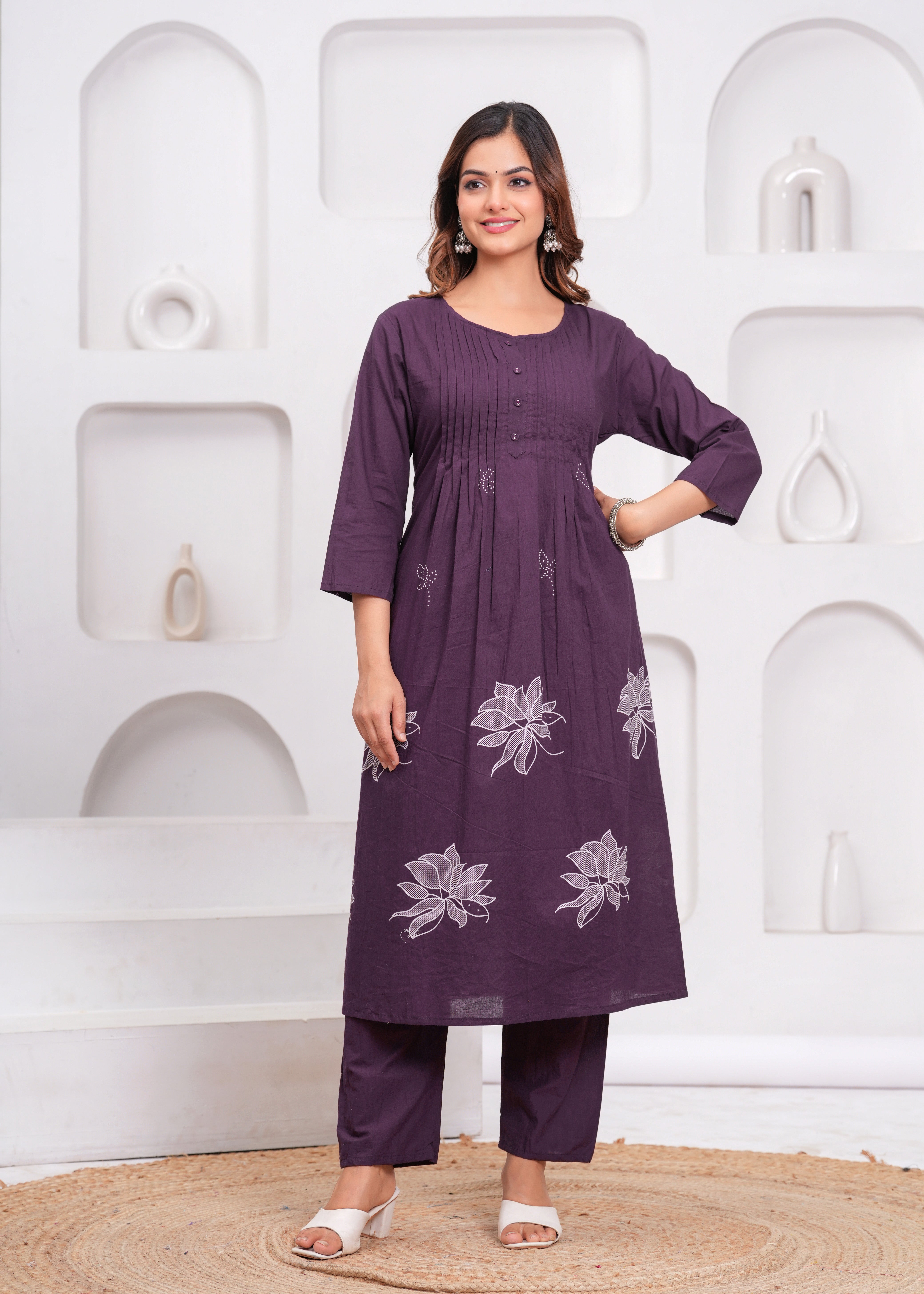 Grape Printx Work Cotton Suit Set with Dupatta