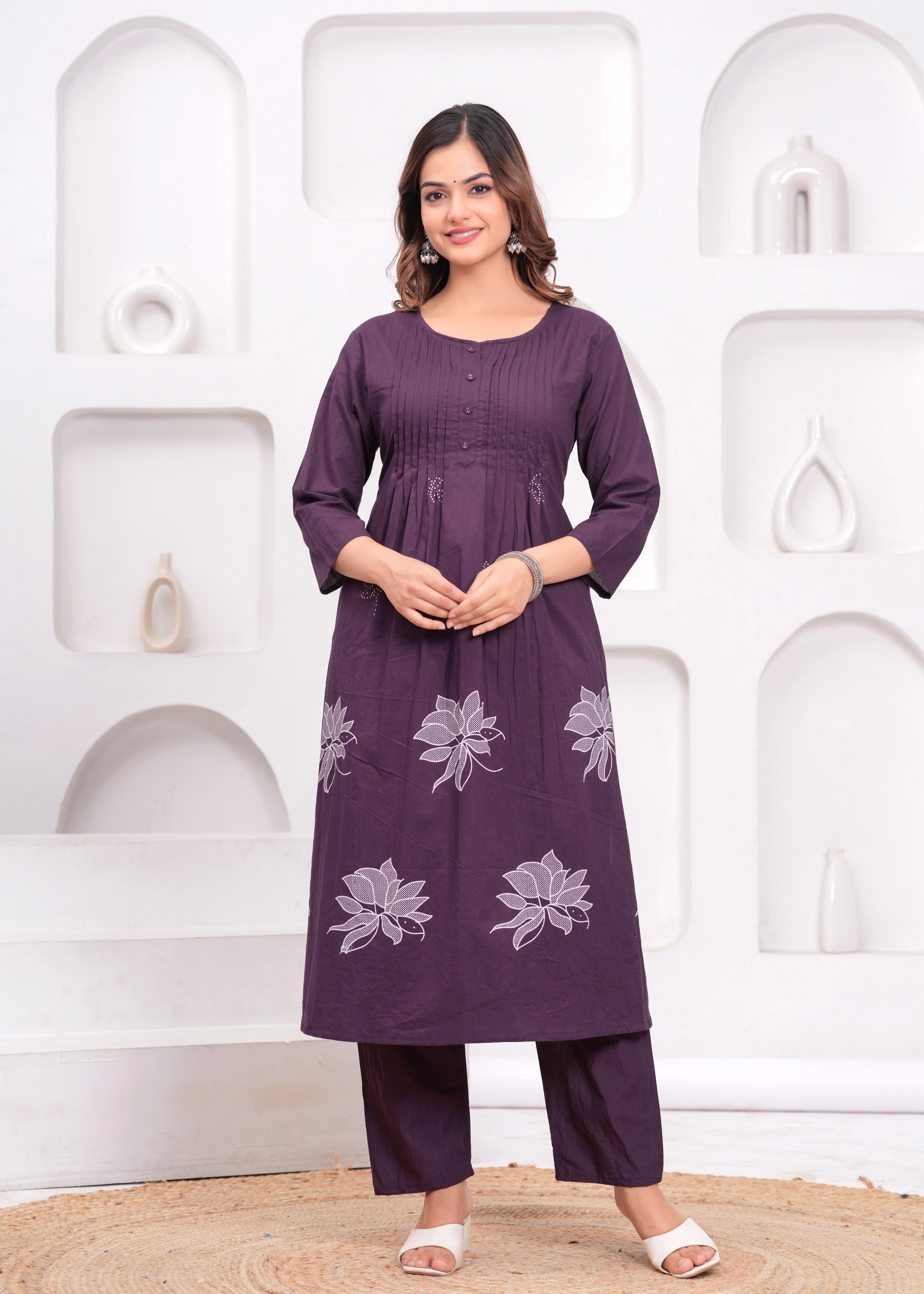 Grape Printx Work Cotton Suit Set with Dupatta