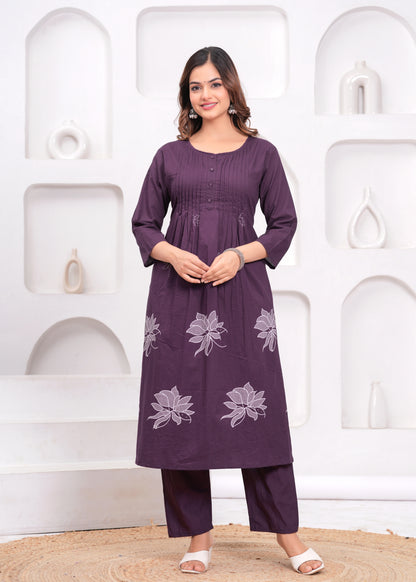 Grape Printx Work Cotton Suit Set with Dupatta