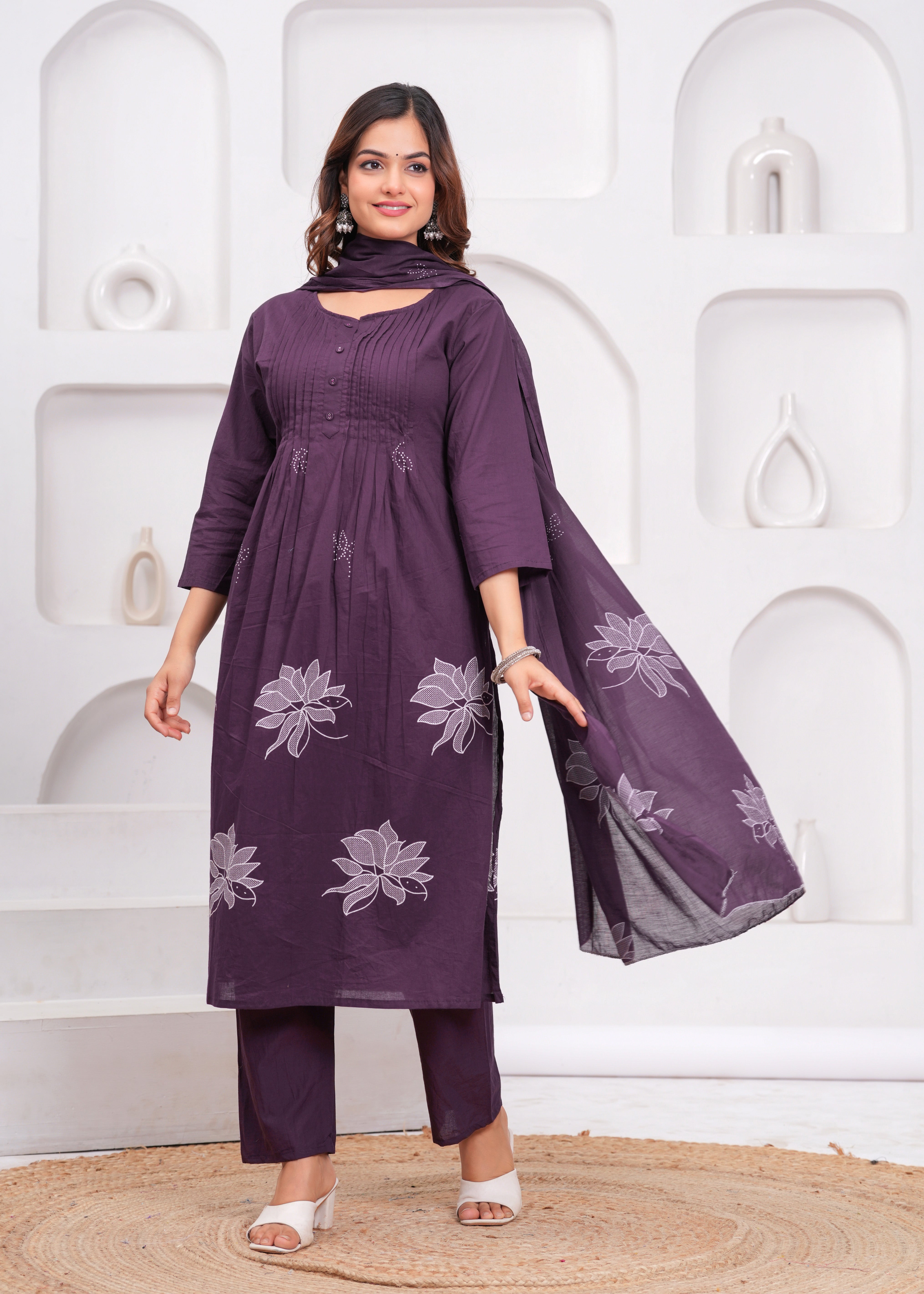 Grape Printx Work Cotton Suit Set with Dupatta