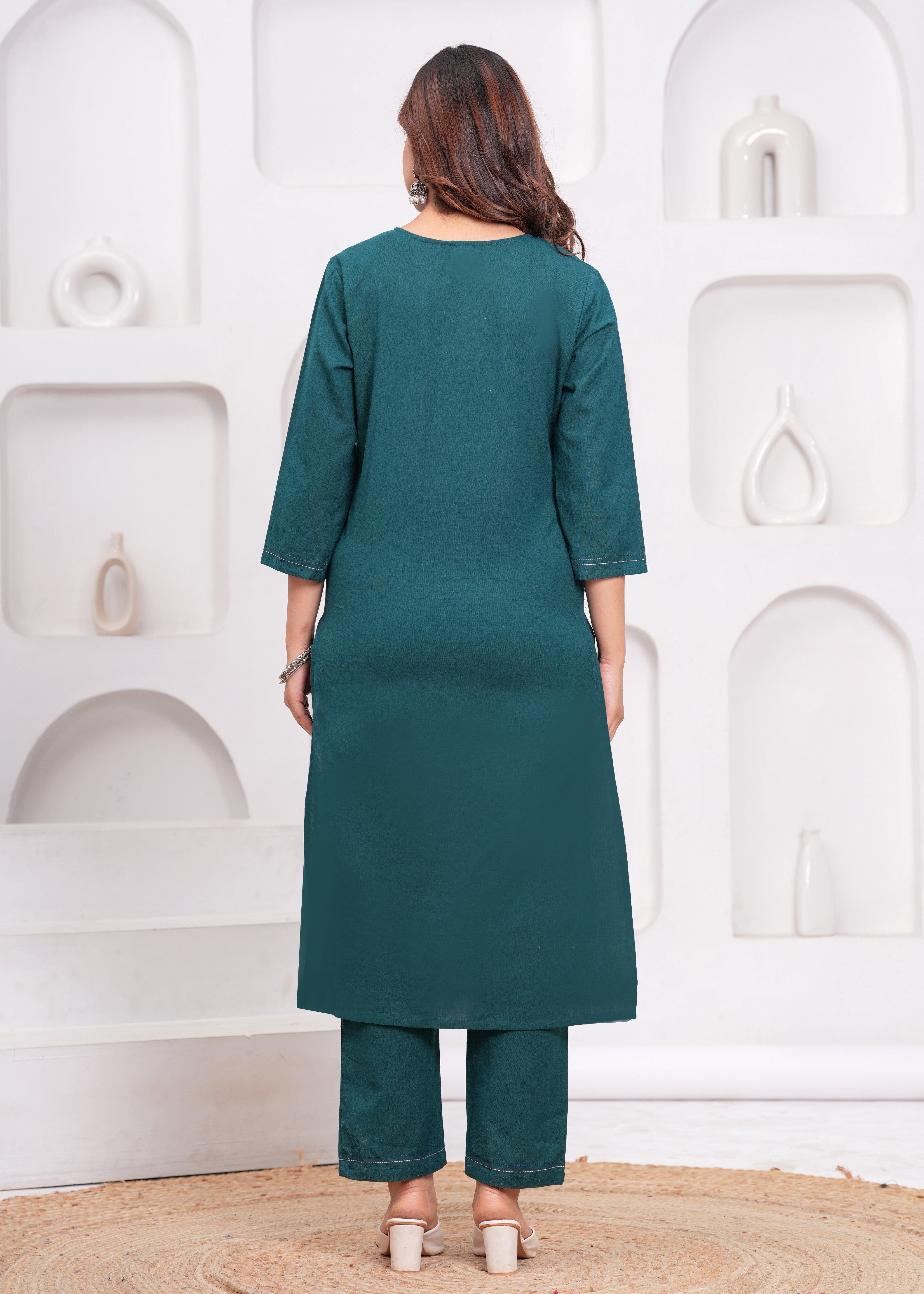 Sea Turtle Green Embroidered Cotton Flex Suit Set with Dupatta