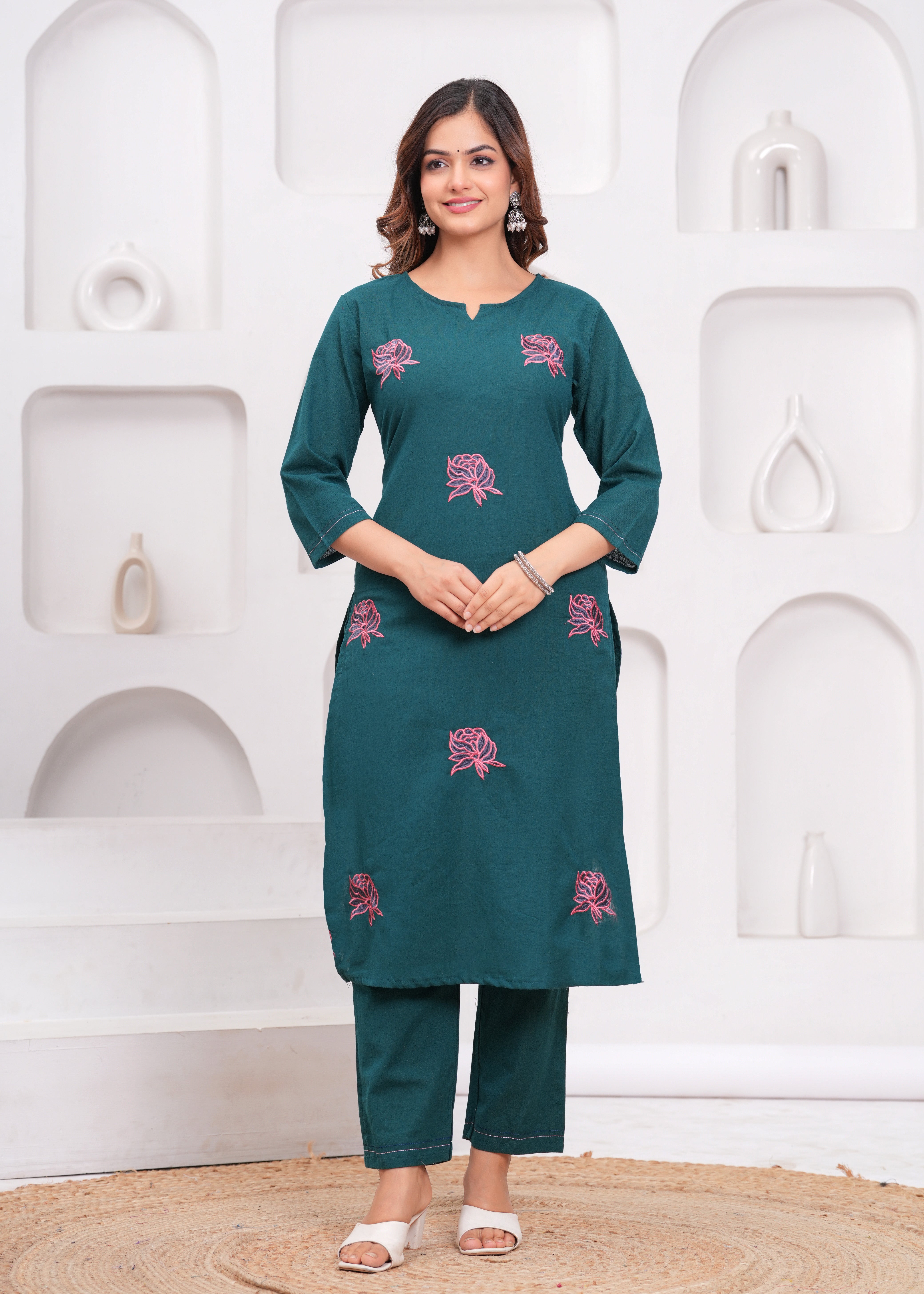Sea Turtle Green Embroidered Cotton Flex Suit Set with Dupatta
