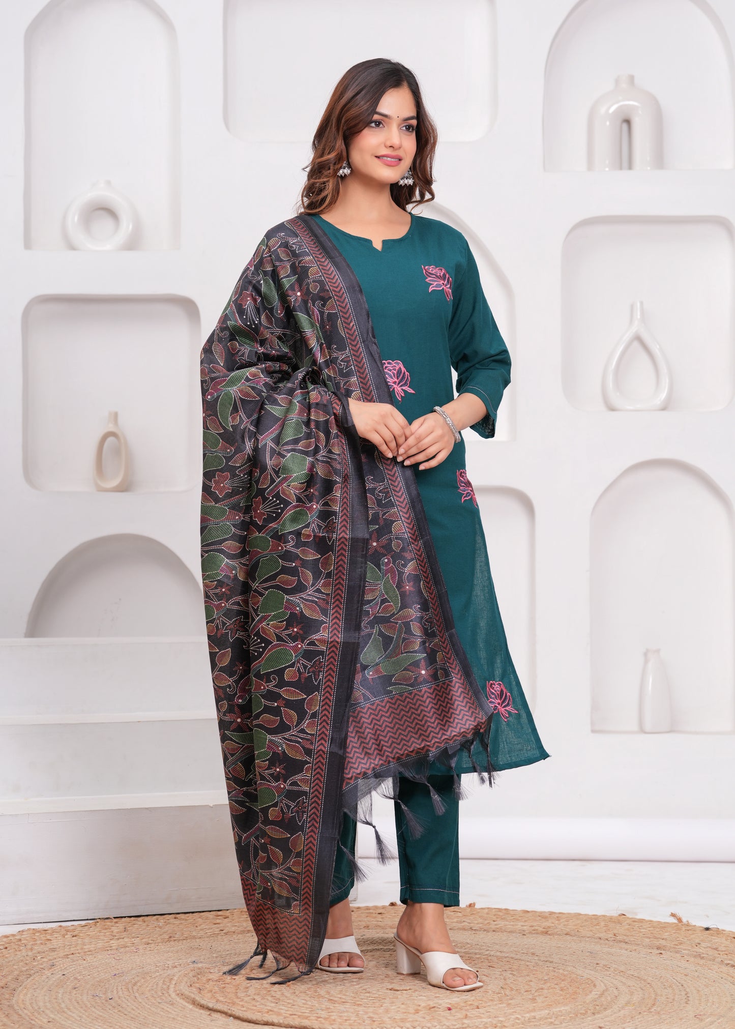 Sea Turtle Green Embroidered Cotton Flex Suit Set with Dupatta