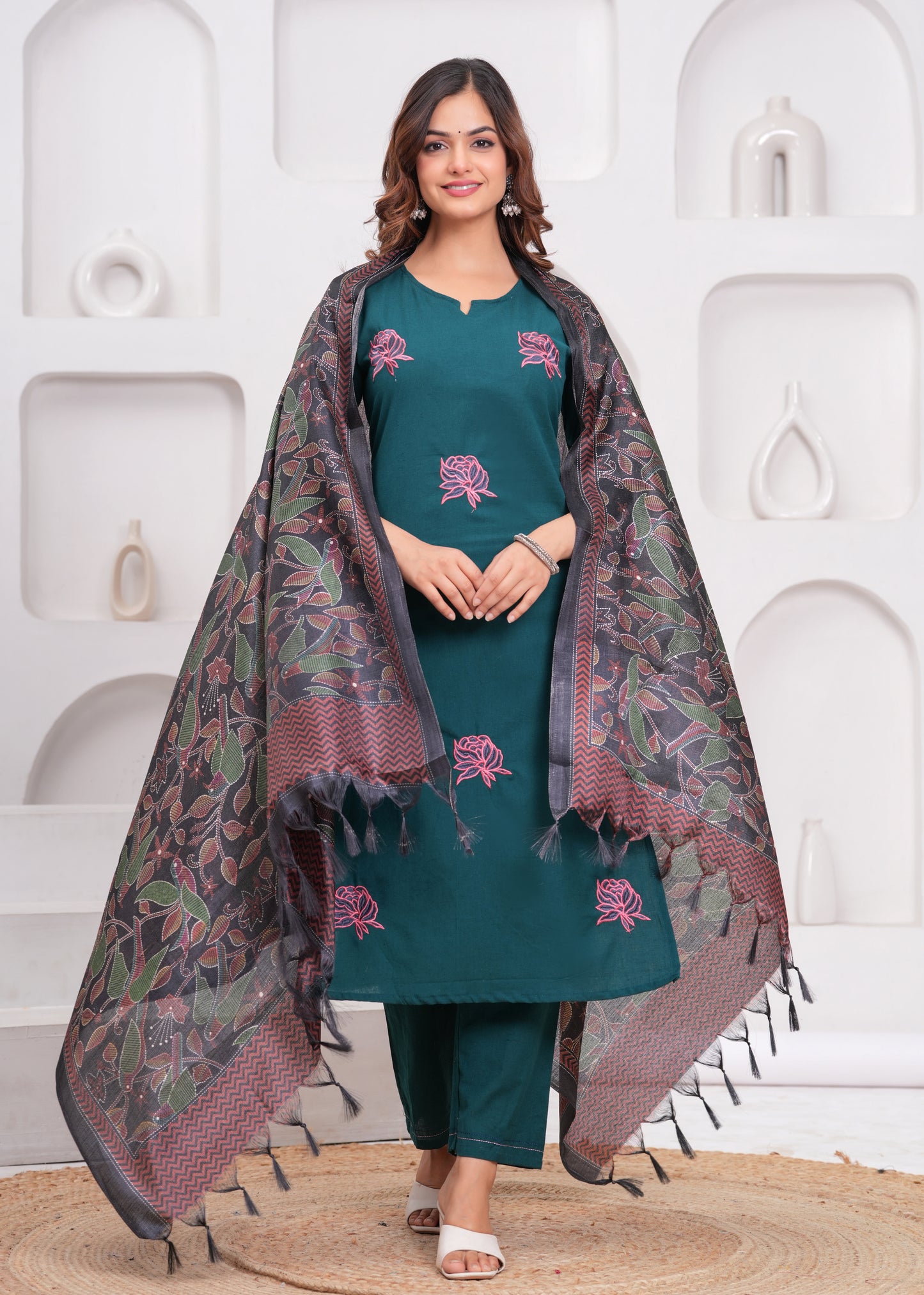 Sea Turtle Green Embroidered Cotton Flex Suit Set with Dupatta