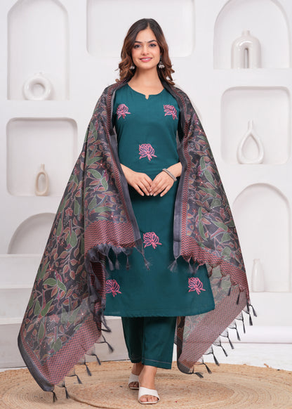 Sea Turtle Green Embroidered Cotton Flex Suit Set with Dupatta