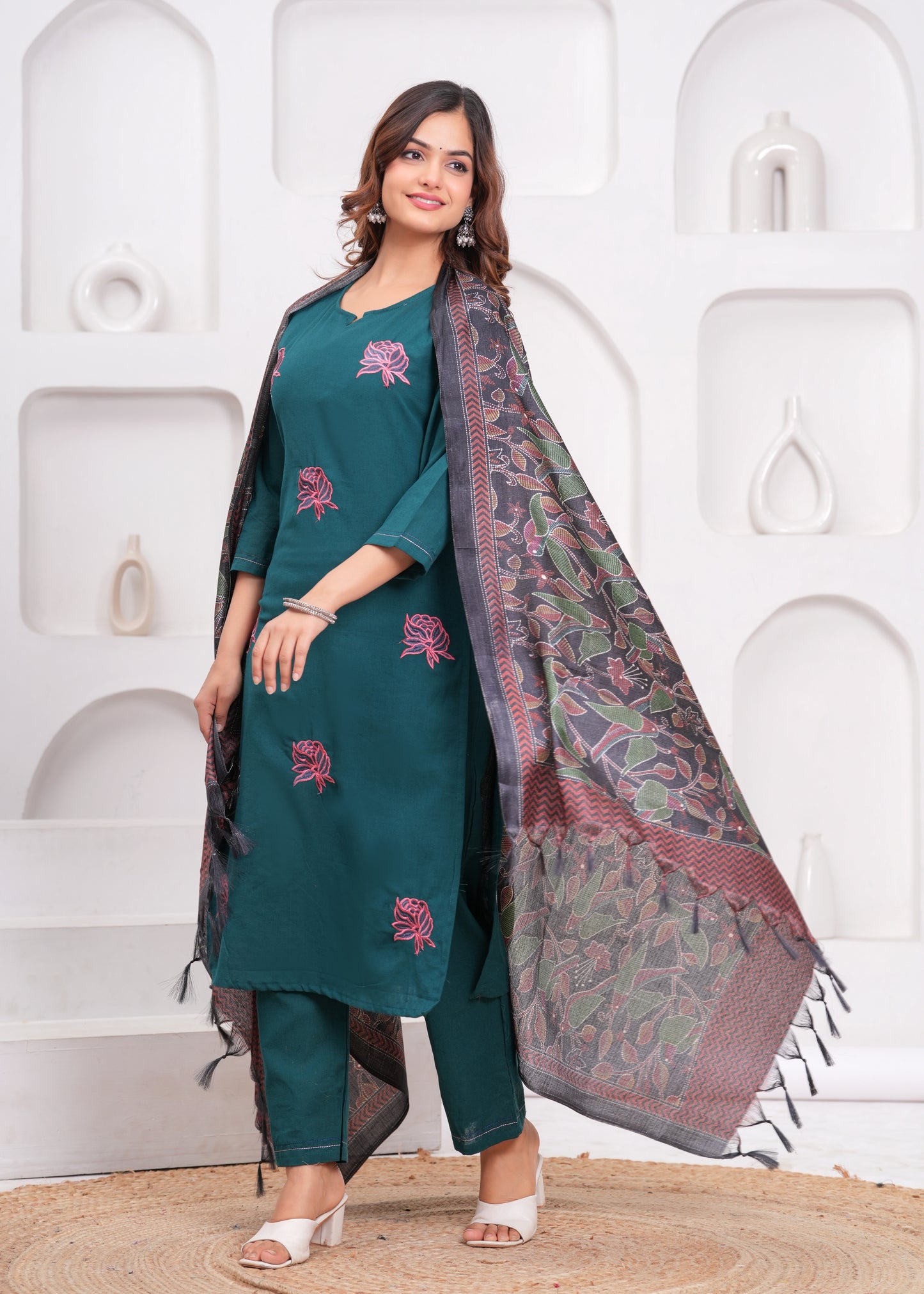 Sea Turtle Green Embroidered Cotton Flex Suit Set with Dupatta