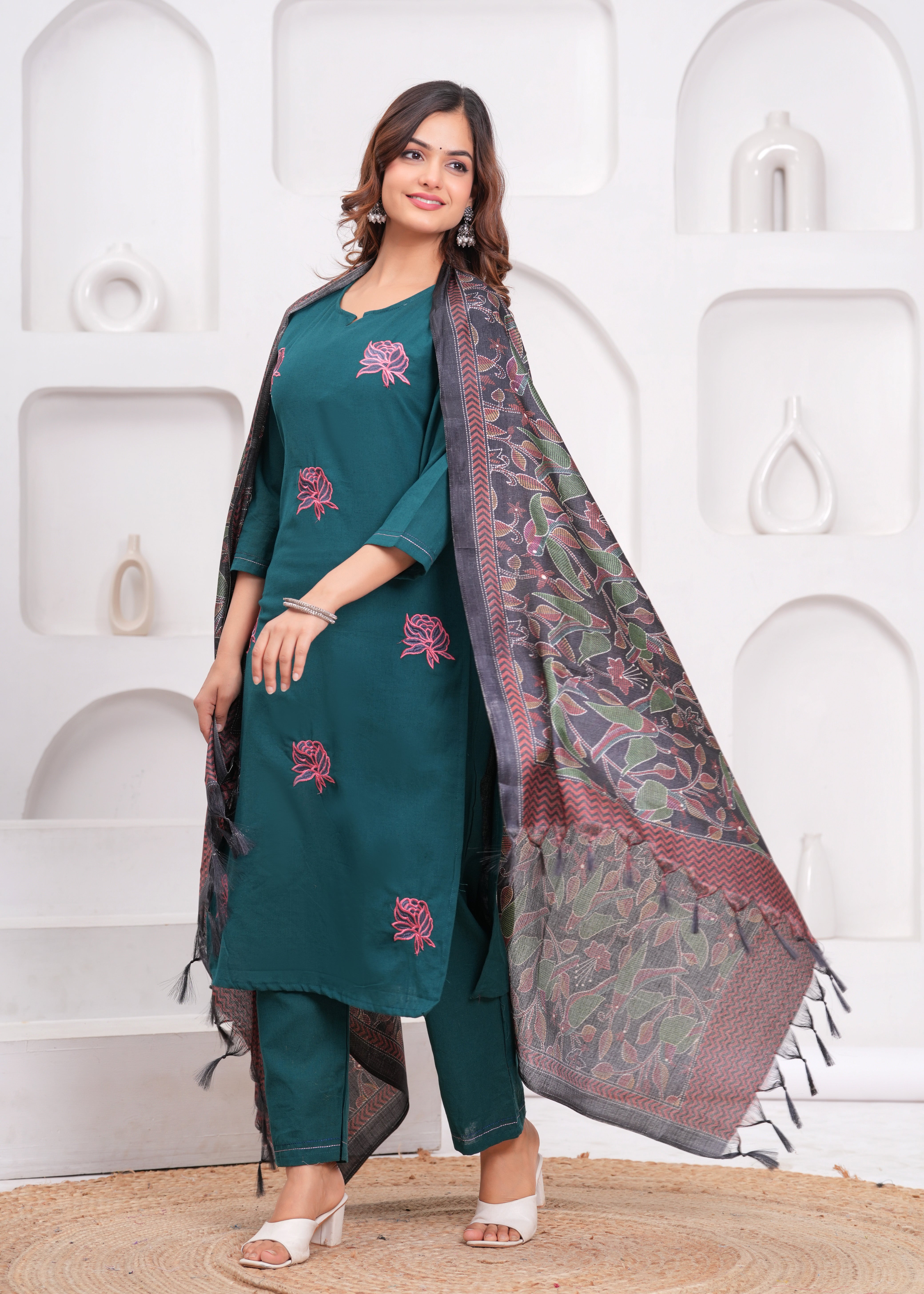 Sea Turtle Green Embroidered Cotton Flex Suit Set with Dupatta